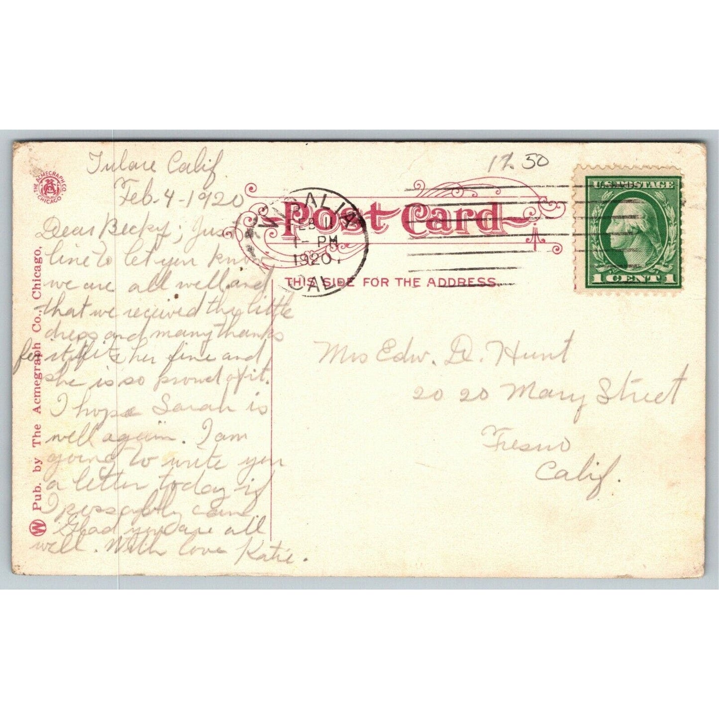 Vintage c1920 Postcard "Rowell-Chandler, Fresno, Cal"
