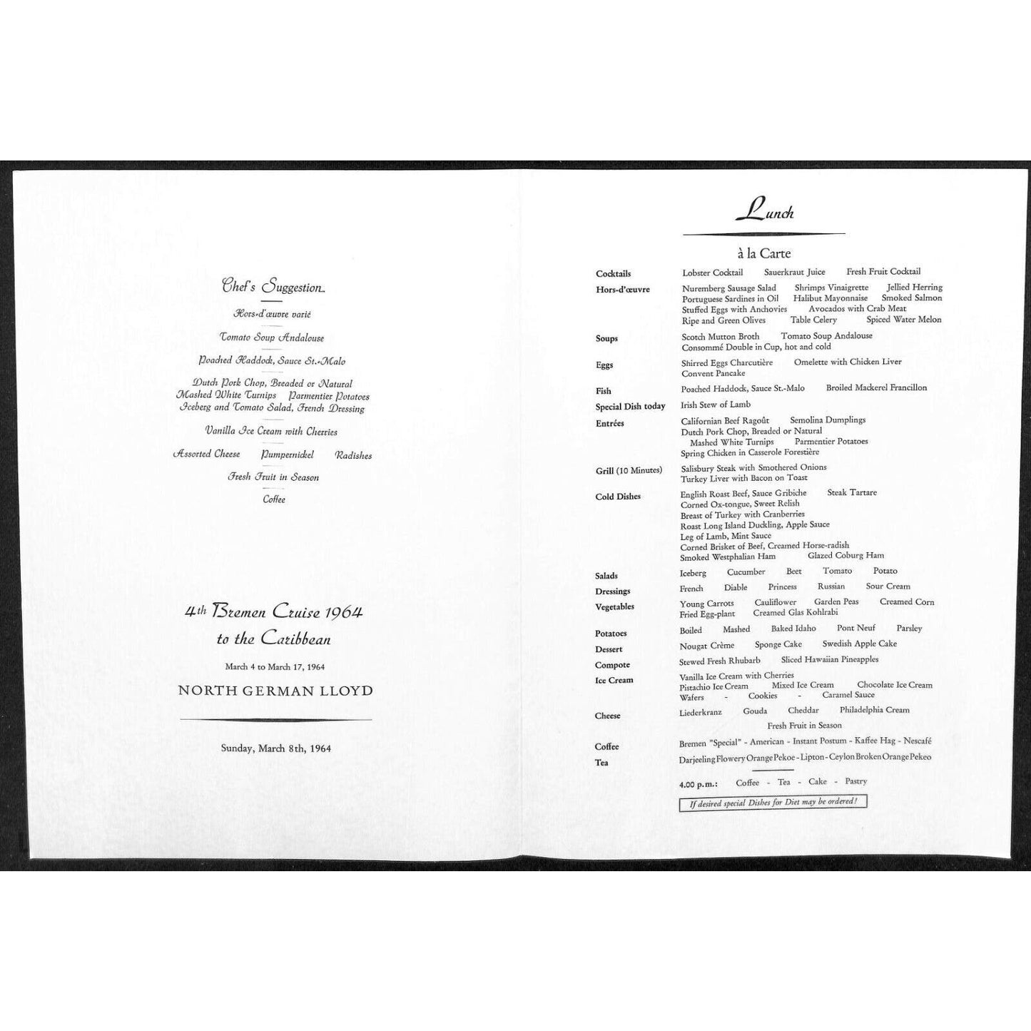 1964 North German Lloyd Bremen Cruise Line Lunch Menu Mar 8
