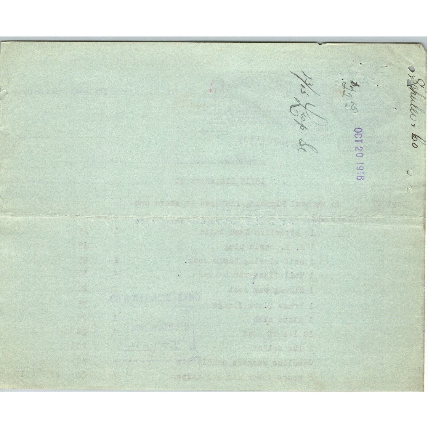 1916 "Schuler & Co." Sanitary Plumbing Billhead Letterhead Stuyvesant St NYC