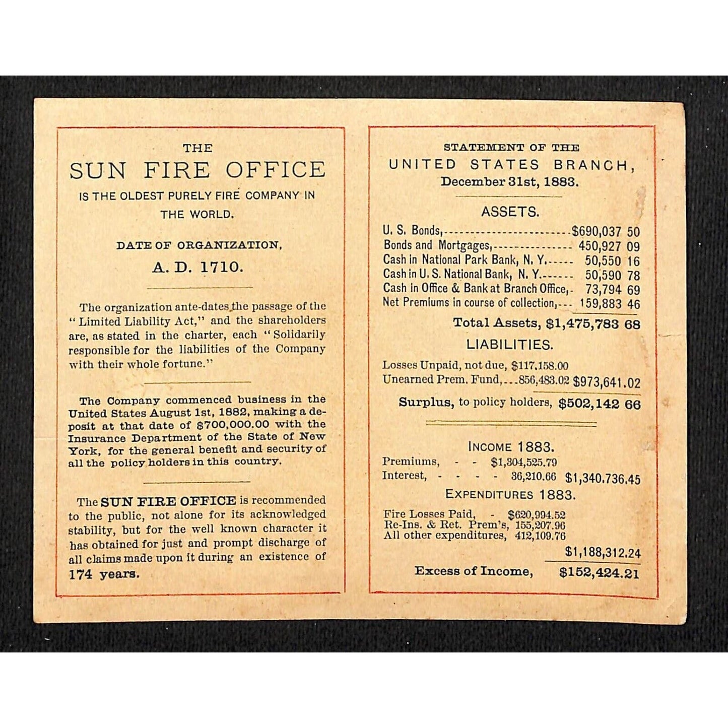 "Sun Fire Office" London / Big Rapids, MI 1884 Victorian Trade Card Scarce VGC