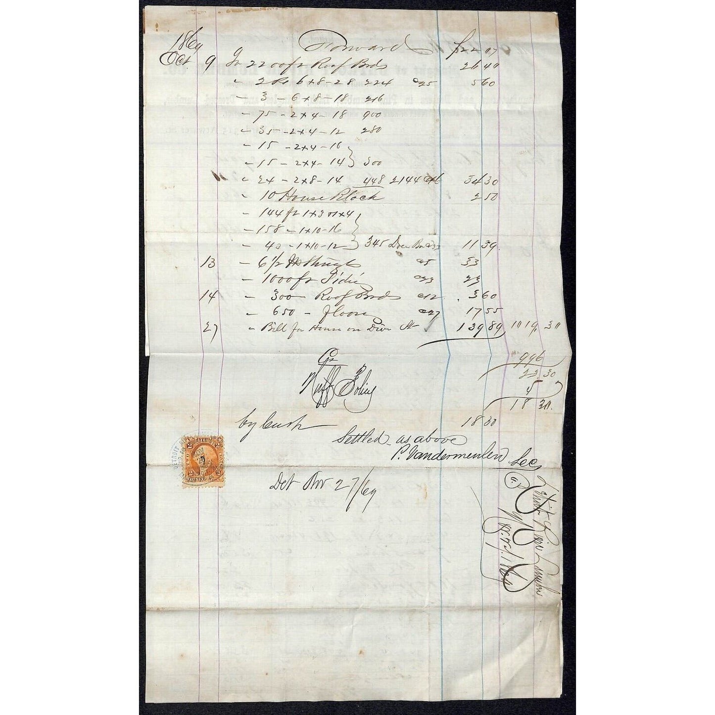 Detroit River Lumber 3pp. Letterhead 1869 w/ Rev Stamp & Dozens of Line Items