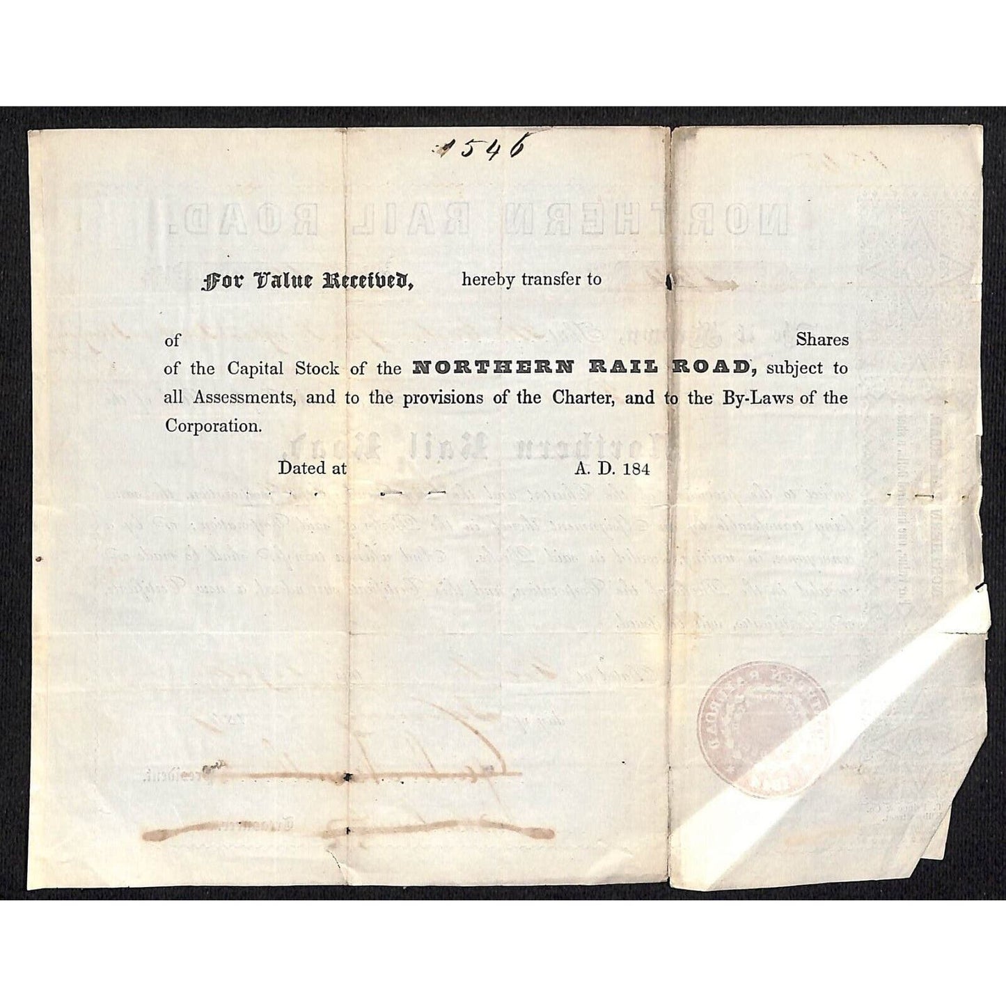 1847 Boston MA Northern Railroad Stock Certificate No. 194 for 10 Shares