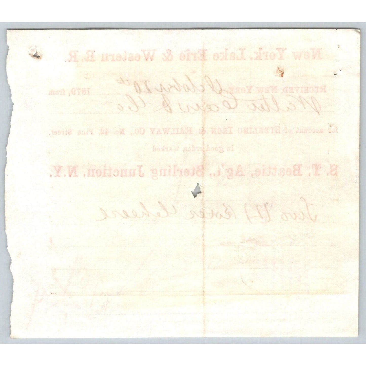 New York, Lake Erie & Western R.R. 1879 Railroad Freight Billhead Walter Cain Co