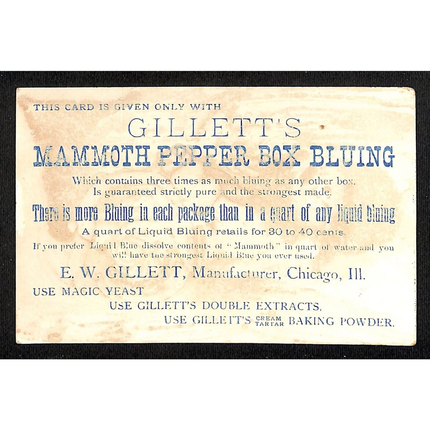 Gillett's Mammoth Pepper Box Bluing Chicago Victorian Trade Card Red Rose