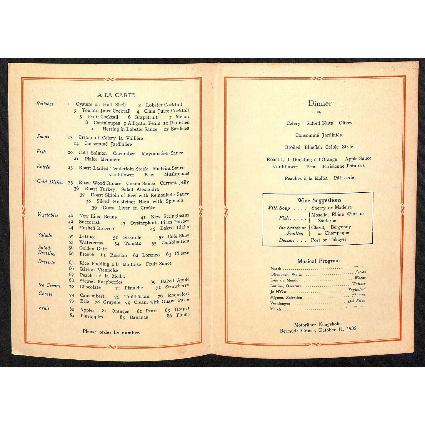 1936 Swedish American Kungsholm Bermuda Cruise Line Dinner Menu Oct 11 VGC