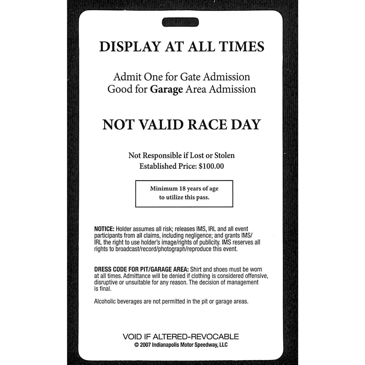 2007 Indy 500 Garage Access Ticket Pass Indianapolis IMS #2241 VGC