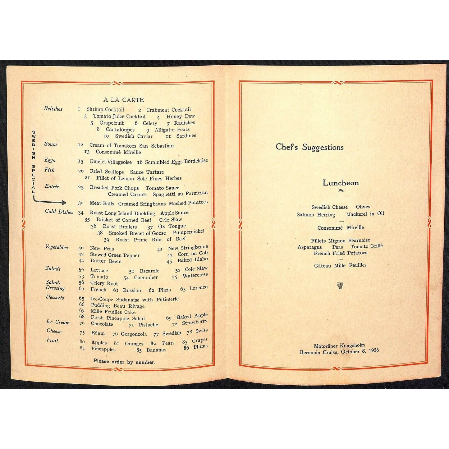 1936 Swedish American Kungsholm Bermuda Cruise Line Luncheon Menu Oct 8 VGC