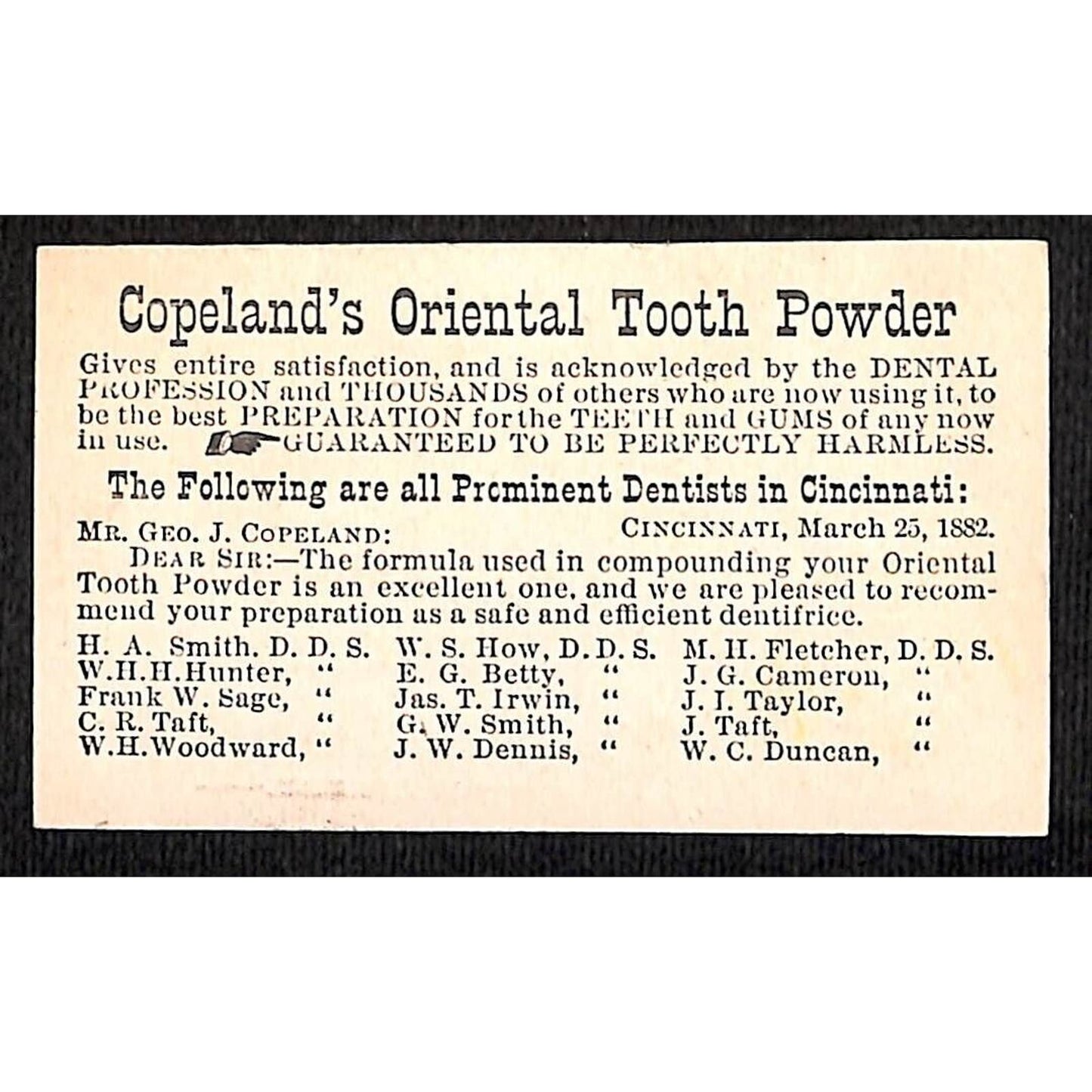 Copeland's Oriental Tooth Powder / Face Powder Victorian Trade Card Rose