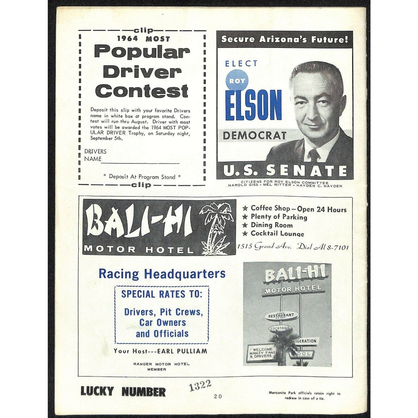 Scarce Aug 22 1964 USAC Auto Racing Program Manzanita Raceway Manzy Mag 20p