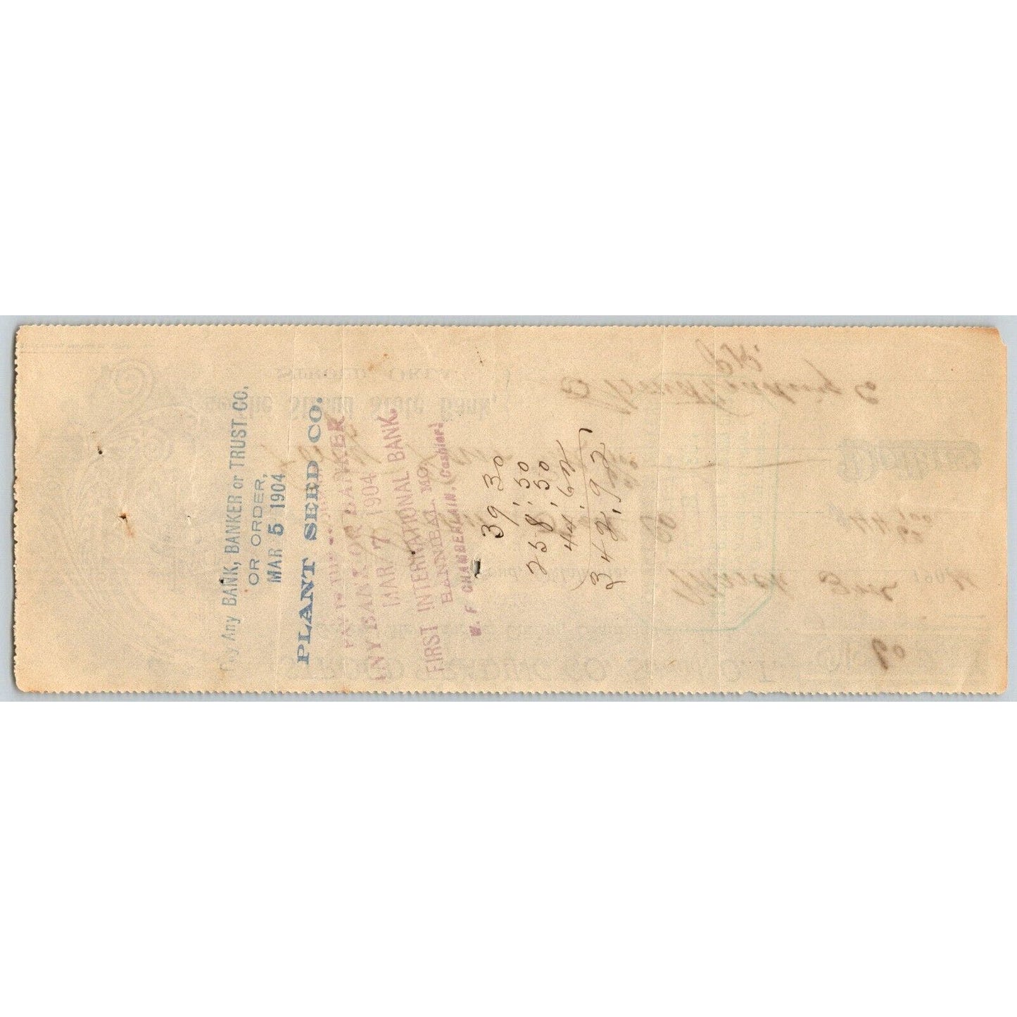 Stroud Trading Co. / Plant Seed Co. Oklahoma Territory 1904 Bank Check