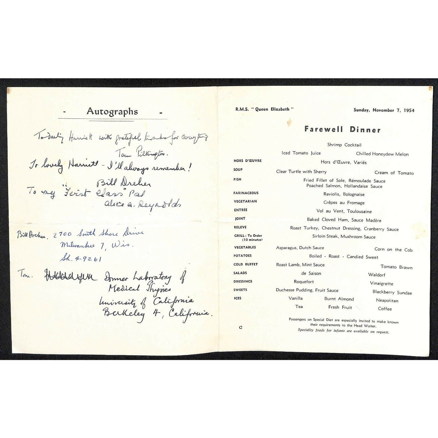 1954 Cunard Queen Elizabeth Cruise Line Farewell Dinner Menu Nov 7 w/ Writing