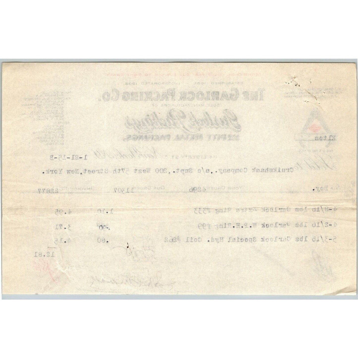 1915 "The Garlock Packing Co." Metal Billhead Letterhead 114 Liberty St. NYC