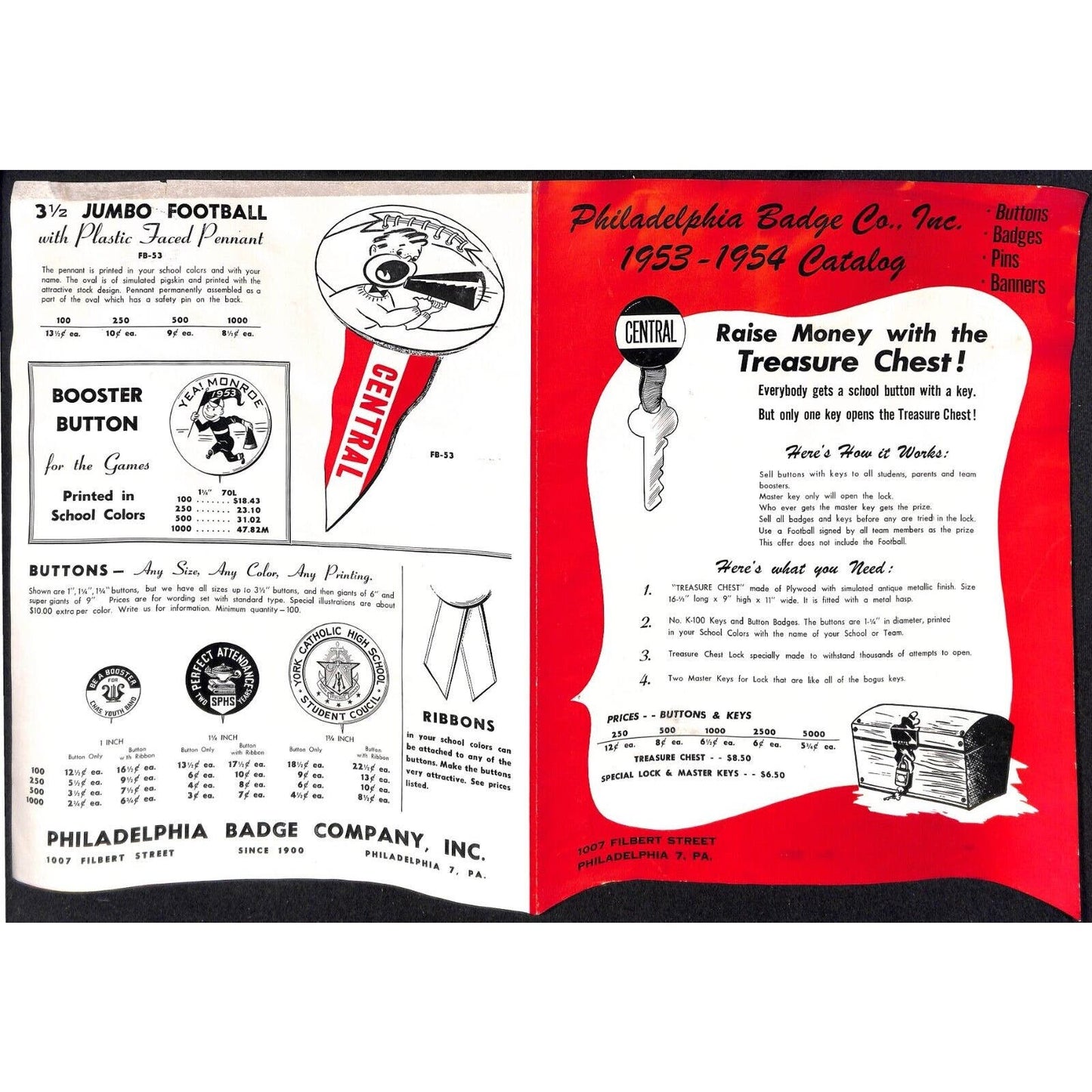 1953-54 Philadelphia Badge Co. School Sports Pennant Button Ribbon Flyer Sheet
