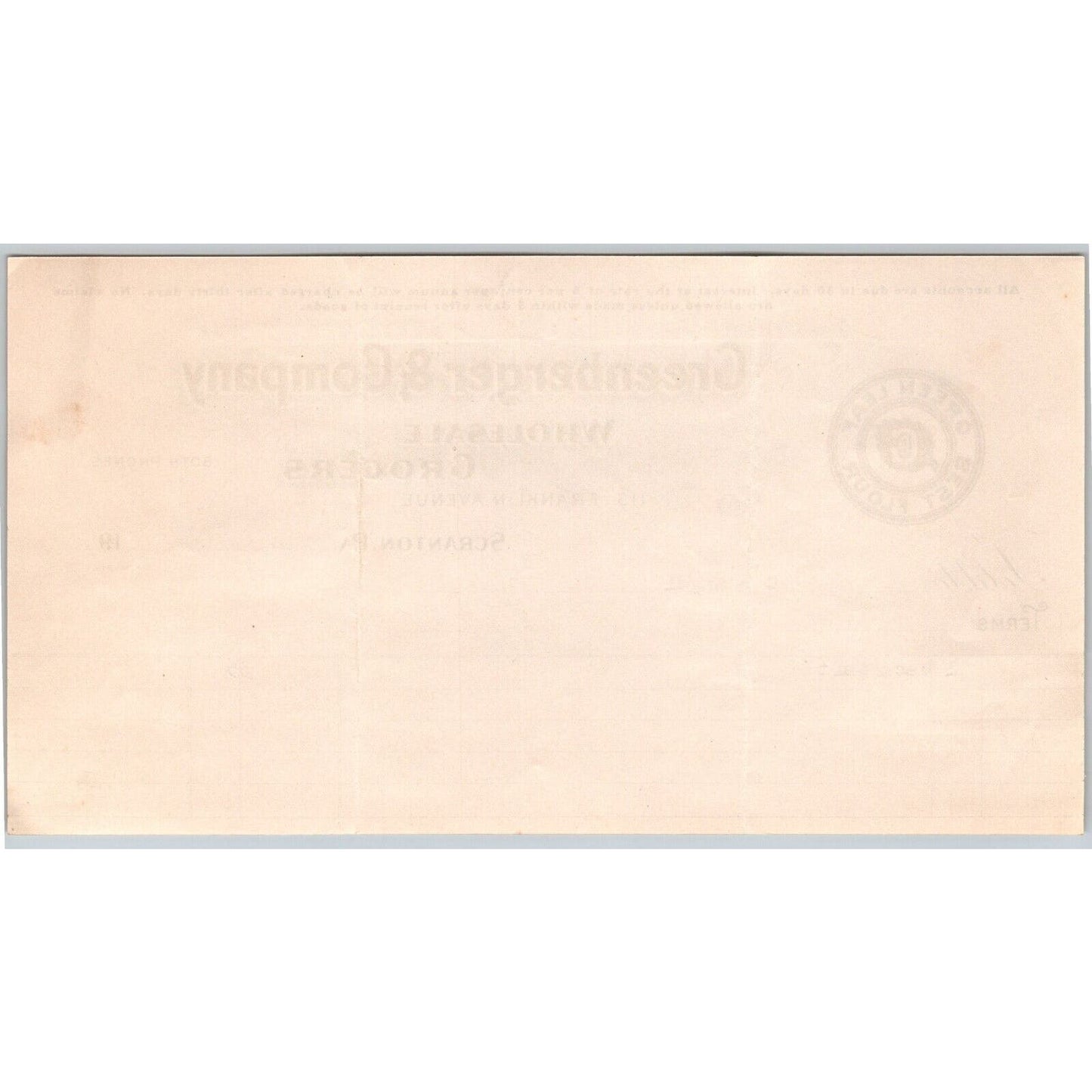 Scranton, PA Greenberger & Co. Grocers 1918 "C.B. Engel" Billhead Sack Salt