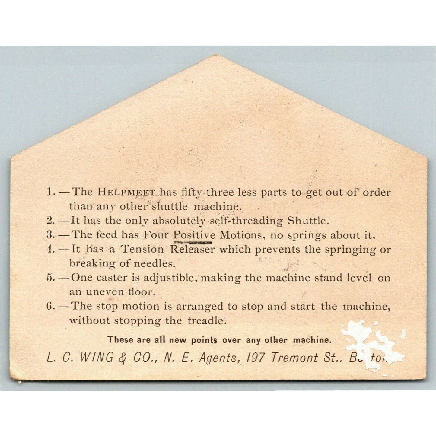 Die Cut Victorian Trade Card Helpmate Sewing Machine Chas W. Lowe Brockton, MA