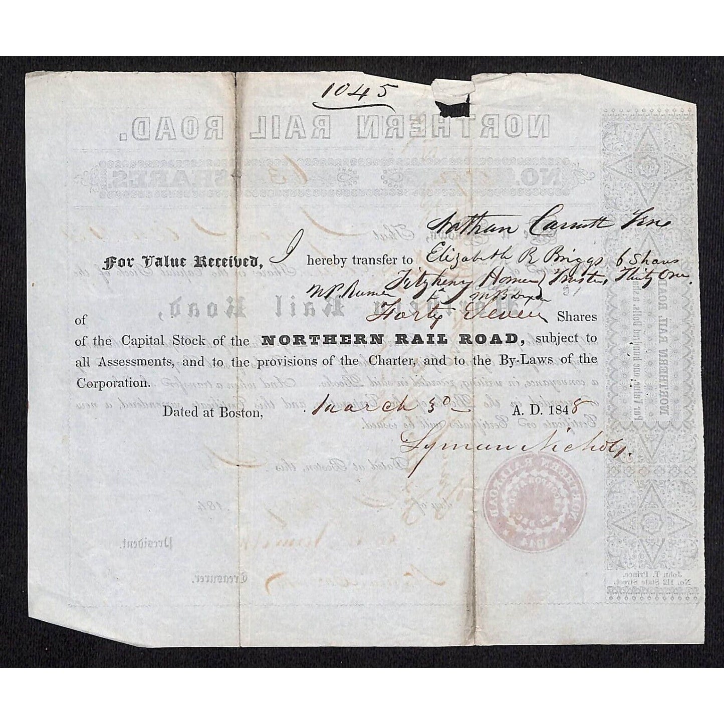 1848 Boston, MA Northern Railroad Stock Certificate No. 2892 for 63 Shares