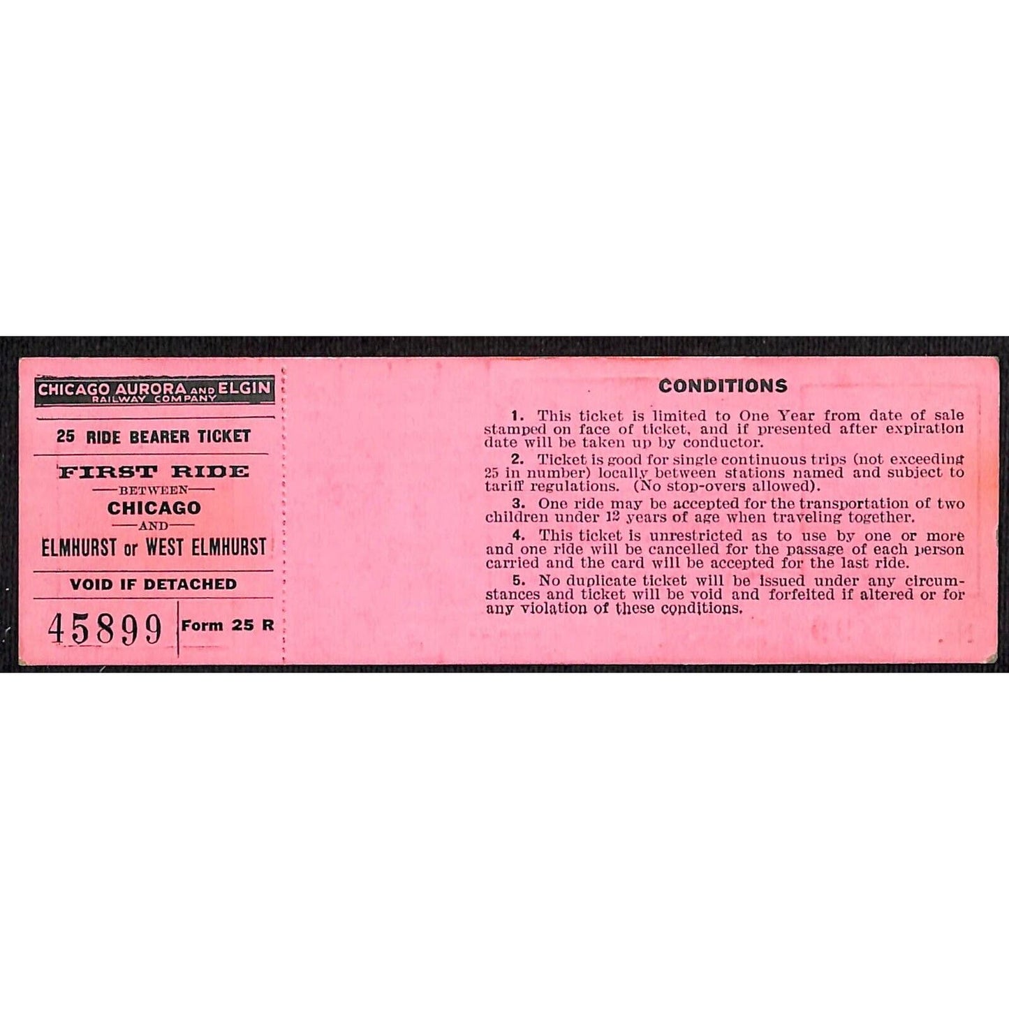 Chicago Aurora and Elgin Railway (1902-57) 25 Ride Ticket Chicago / Elmhurst