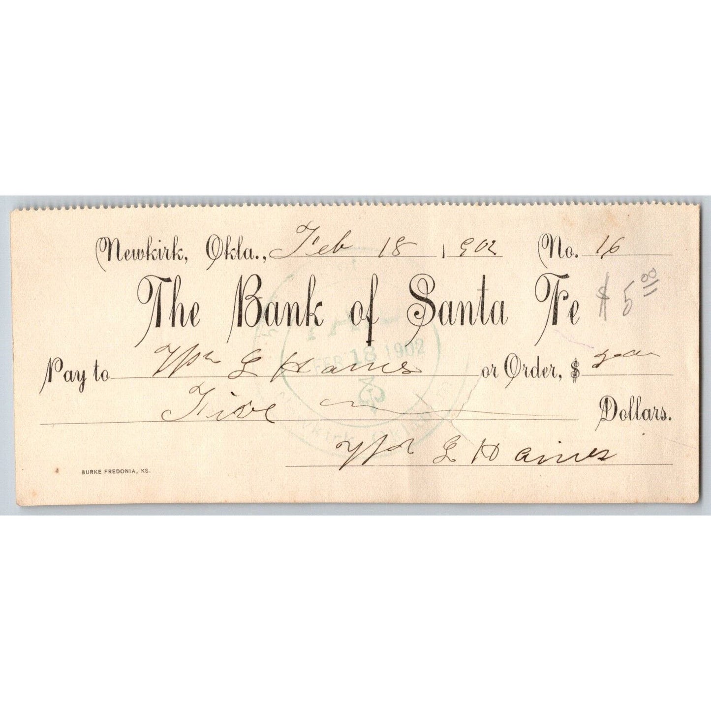 Newkirk, Oklahoma Territory 1902 "Bank of Santa Fe" Check - Scarce