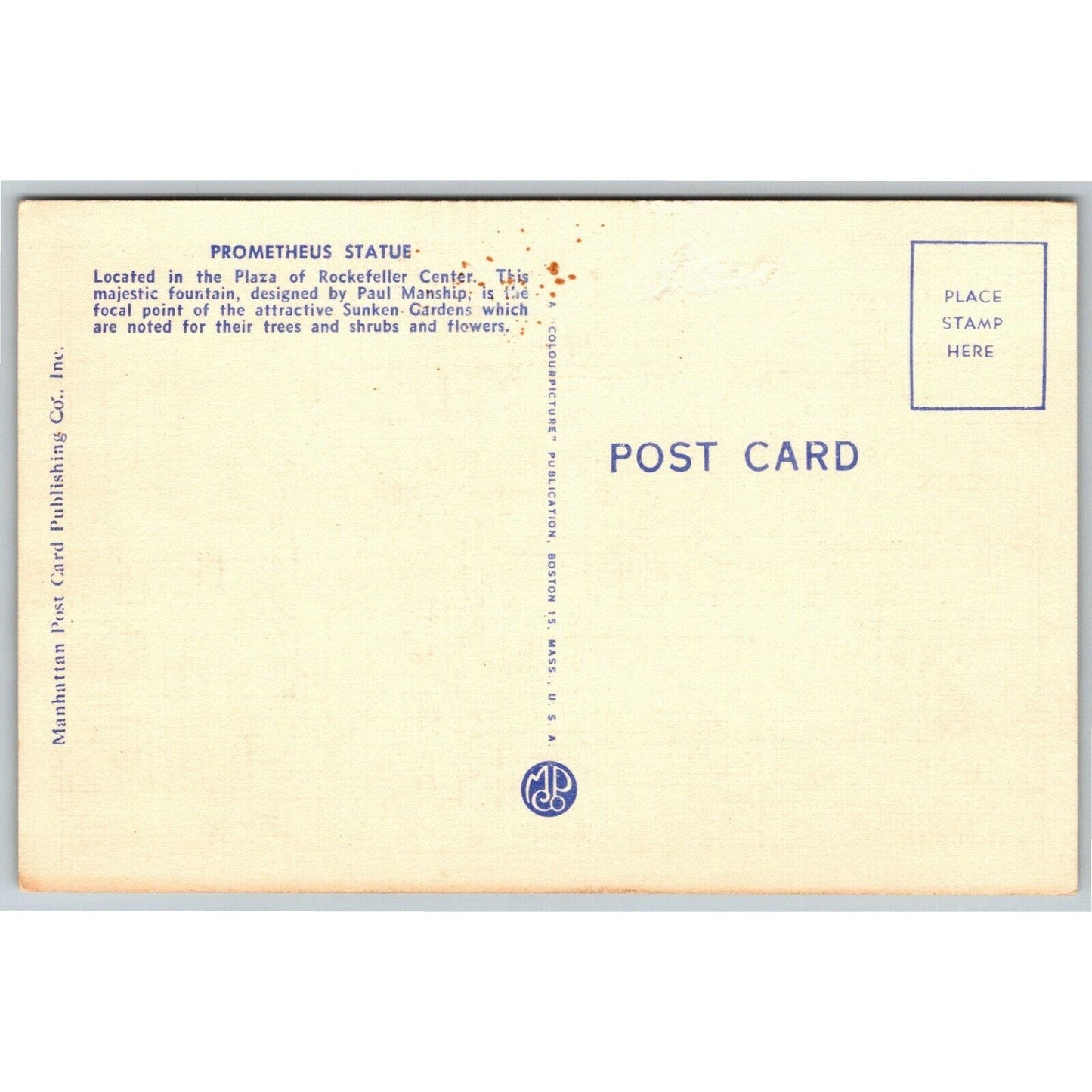 Vintage Linen Postcard Prometheus, Rockefeller Center, NYC Unposted VGC