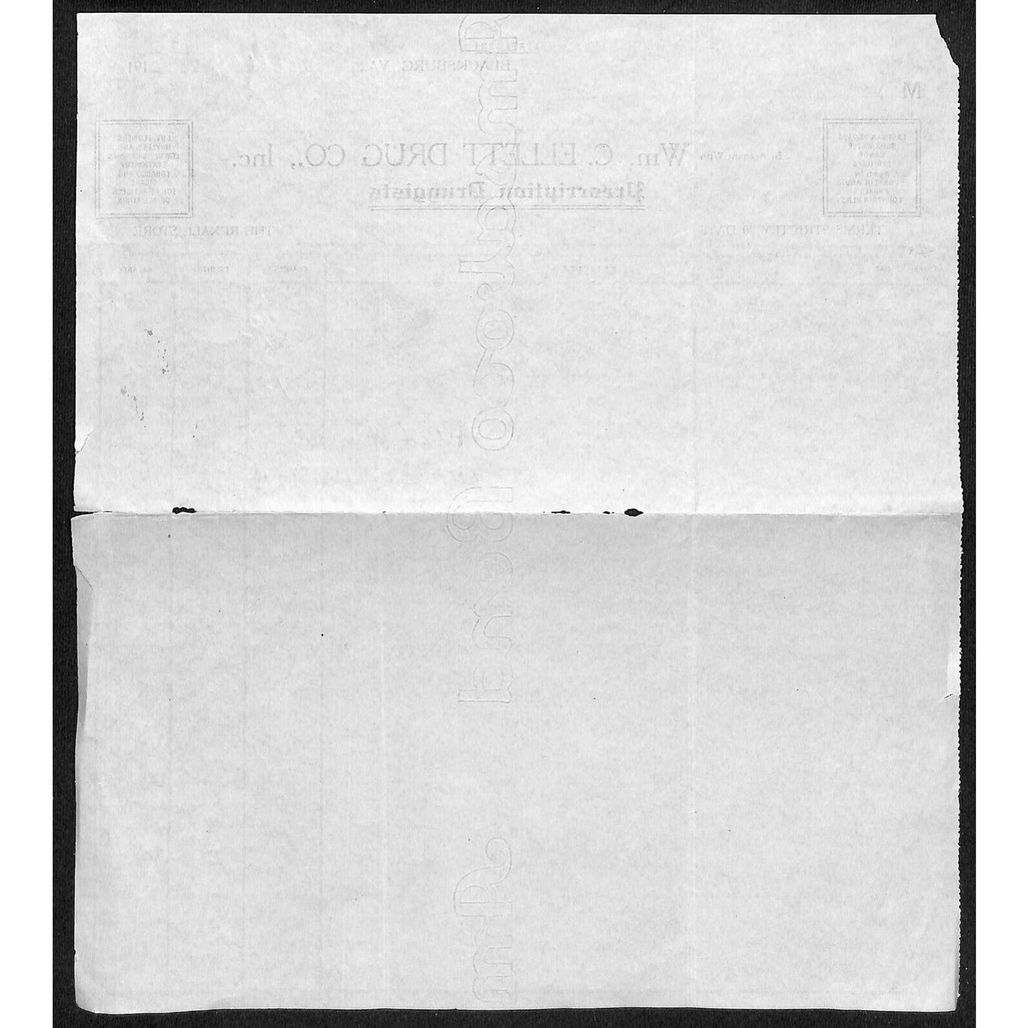 Blacksburg, VA Wm. C. Ellett Drug Prescription Druggists Rexall Billhead 1918