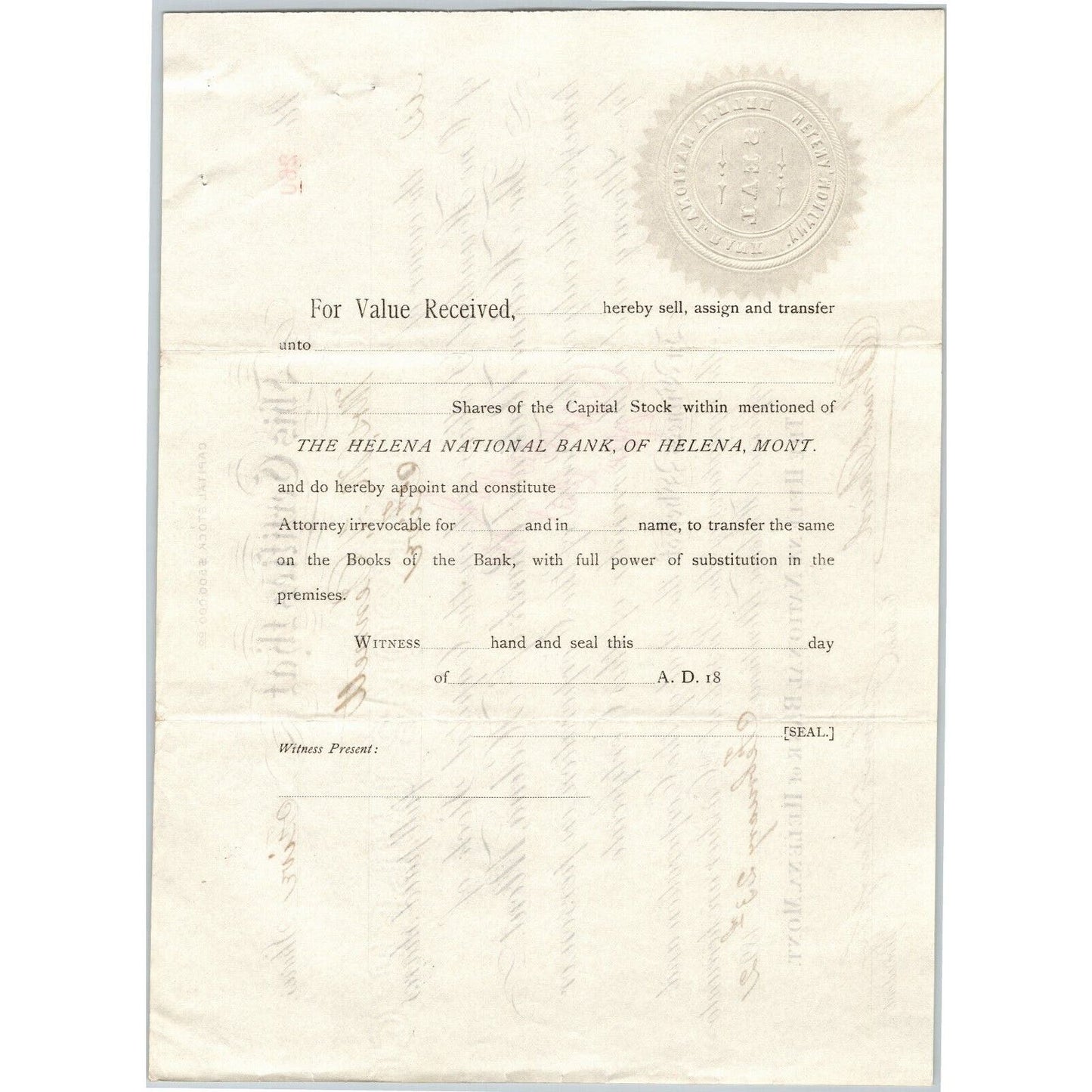 Helena National Bank, Montana 1892 Stock Certificate Cert# 260 for 5 Shares