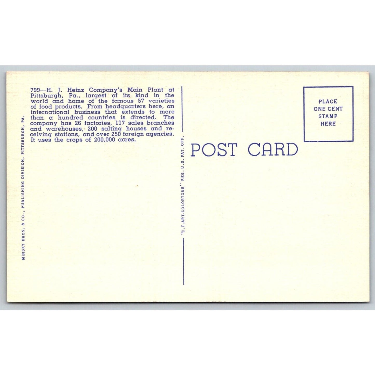 H.J. Heinz Plant Pittsburgh Linen Advertising Postcard UP 1937-43 VGC