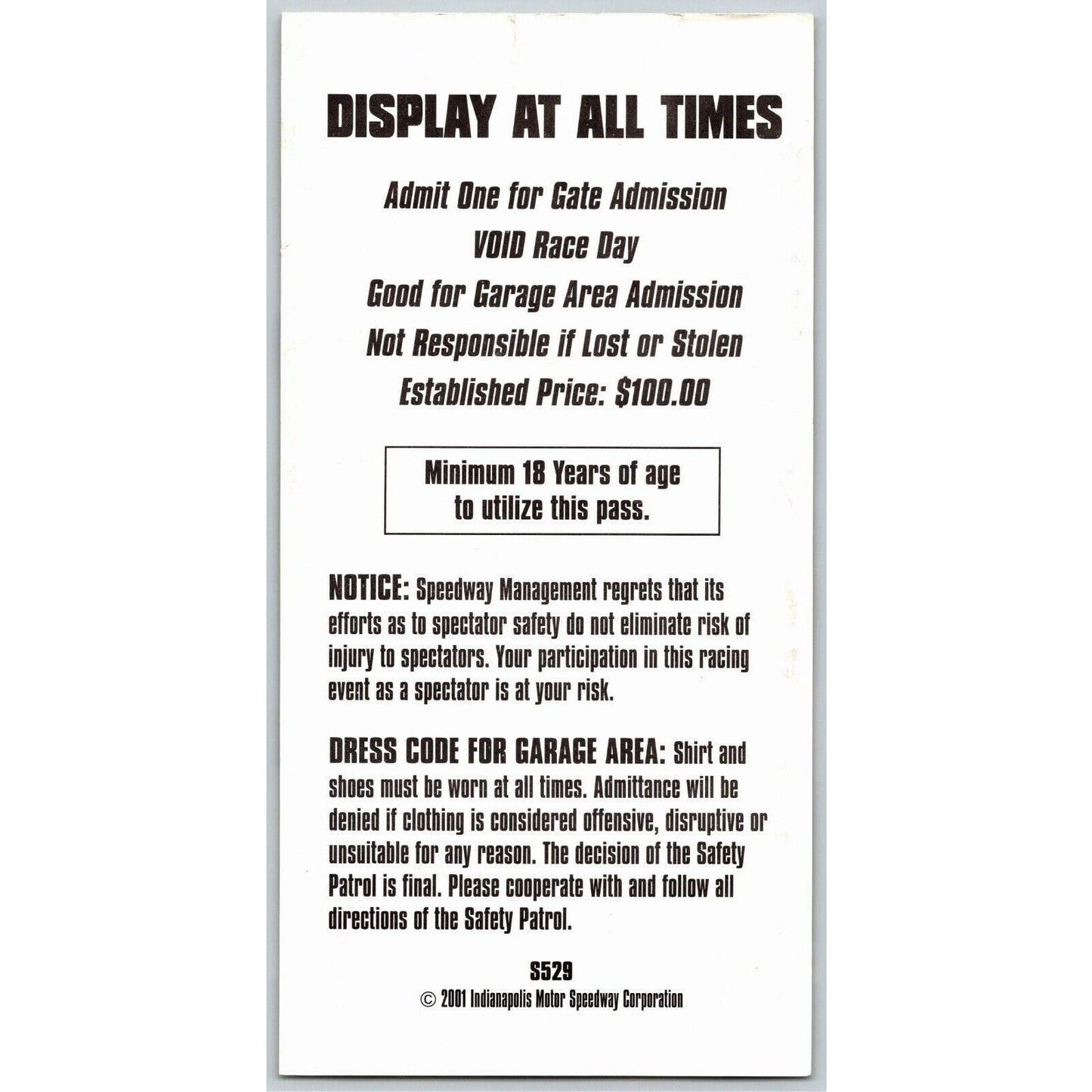 2001 Indy 500 Gasoline Alley Pass Indianapolis Motor Speedway IMS VGC #3842