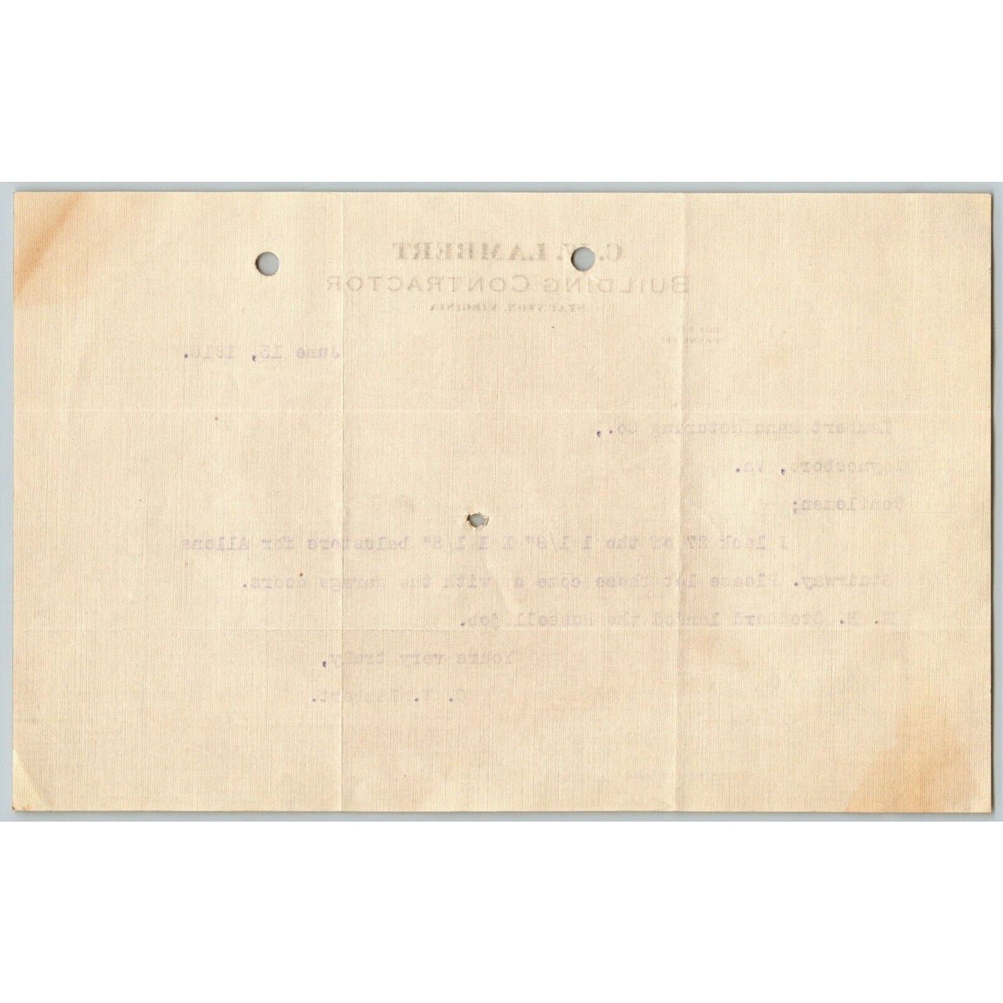 1916 Scarce C.W. Lambert Building Contractor Staunton, VA Letterhead Billhead