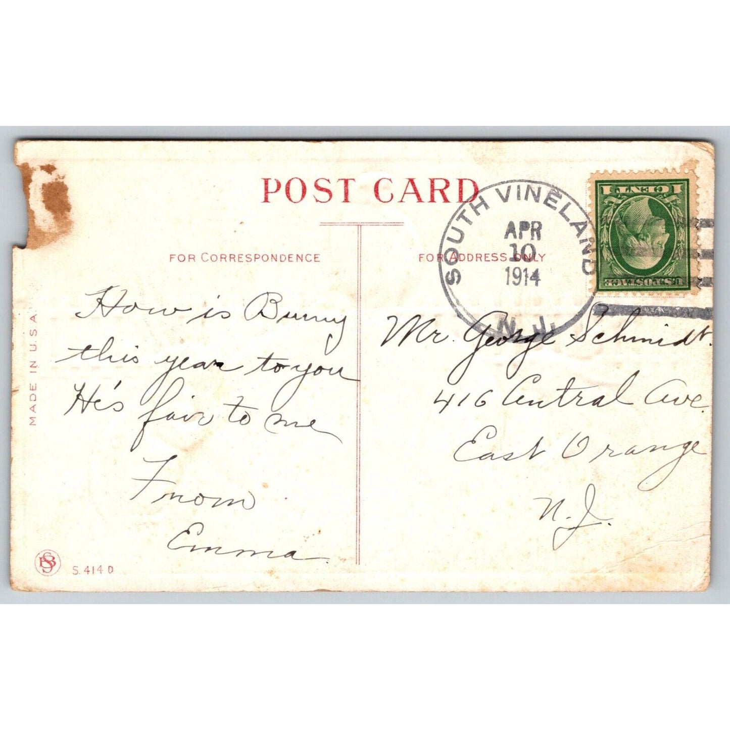 Easter Postcard Owl and Two Bunny Rabbits on Large Egg EMB PM 1914