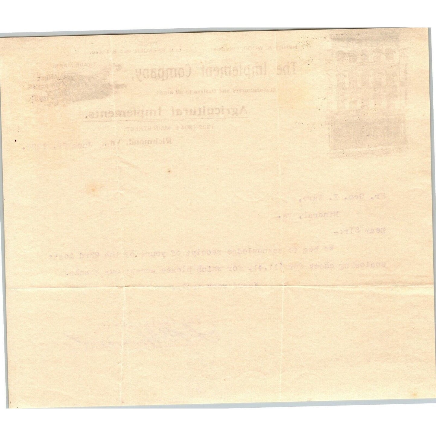"The Implement Company" Agricultural Richmond, VA Letterhead Geo. E. Wear 1906