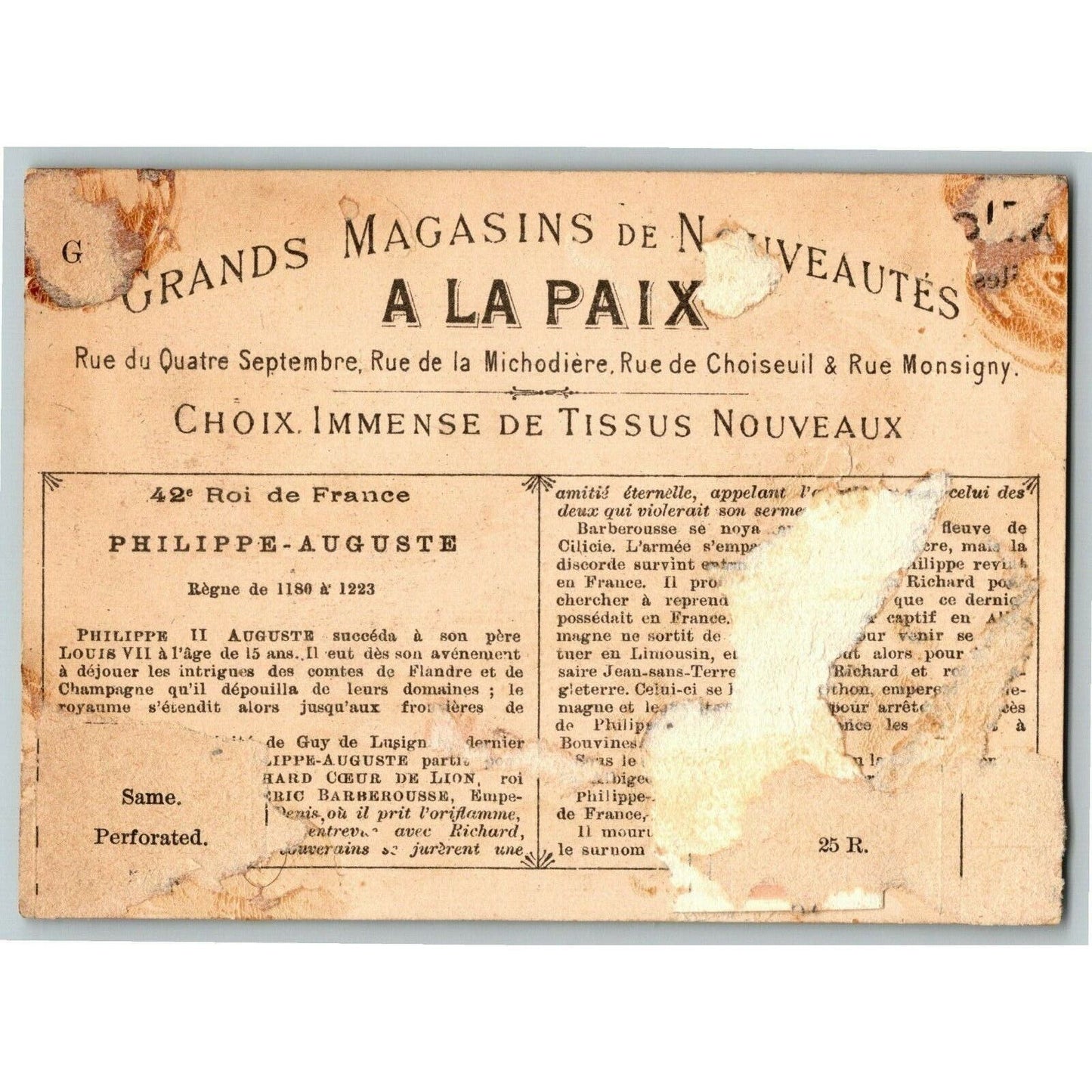 French Victorian Trade Card Grands Magasins de Neuveautes - Philippe II Auguste