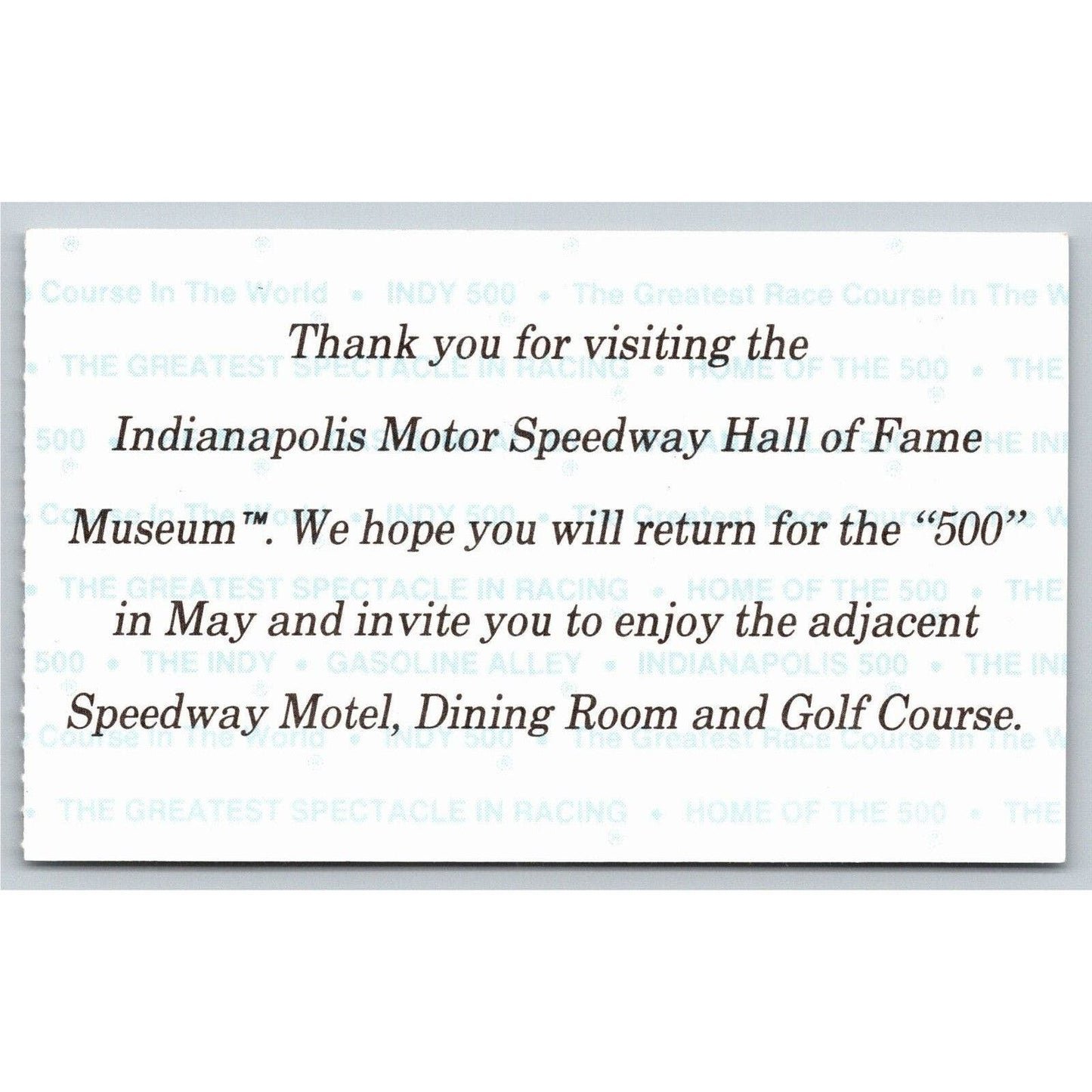 c1980's Indy 500 Hall of Fame Museum Ticket Stub Card Indianapolis #94250