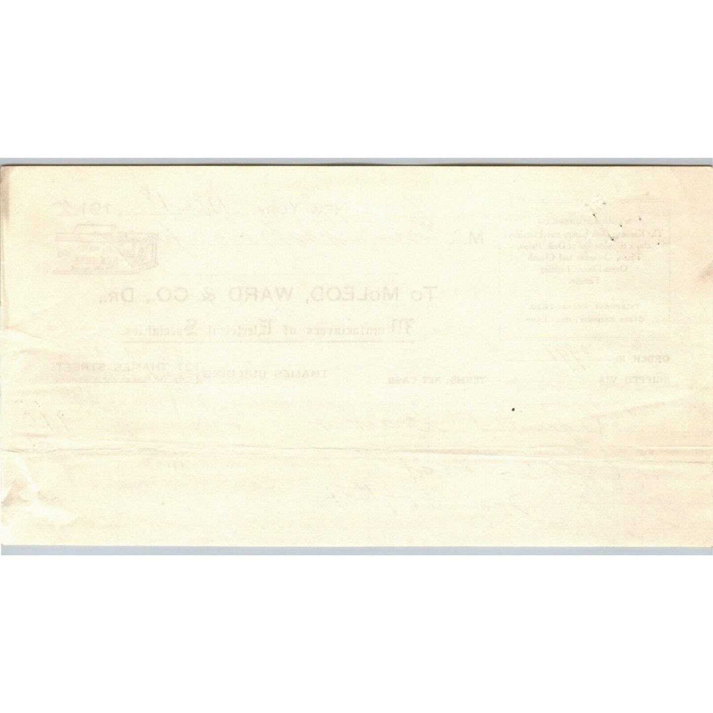 1914 McLeod, Ward & Co. Electrical Letterhead Billhead 27 Thames St. NYC