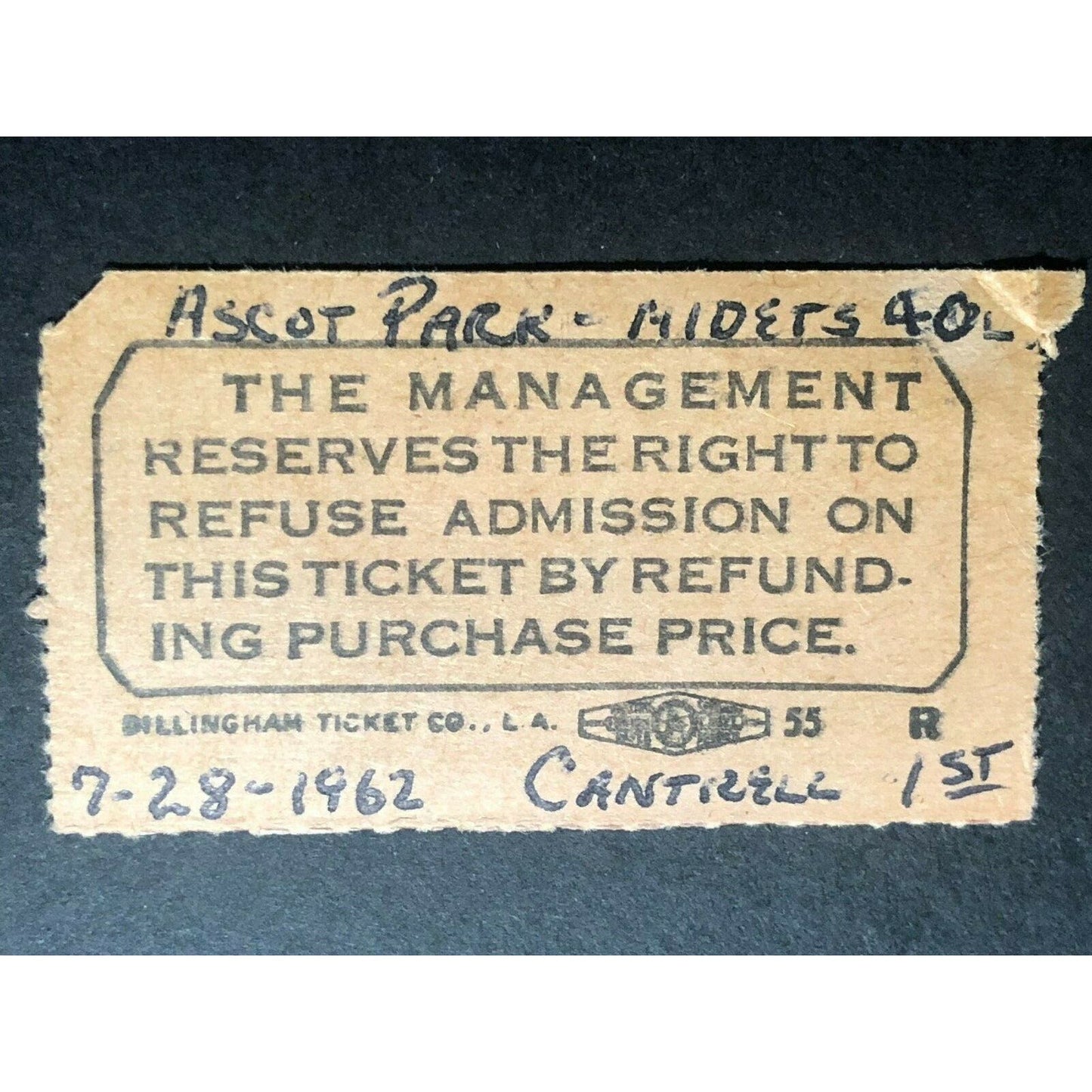 Vintage USCA Midget Race Racing Ticket San Bernardino Jul 28 1962
