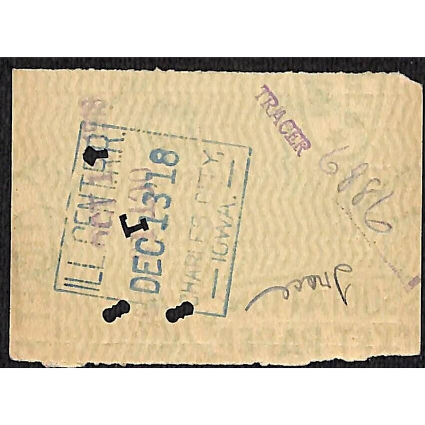 1918 Illinois Central Railroad Ticket First Class Waterloo to Kansas City #888