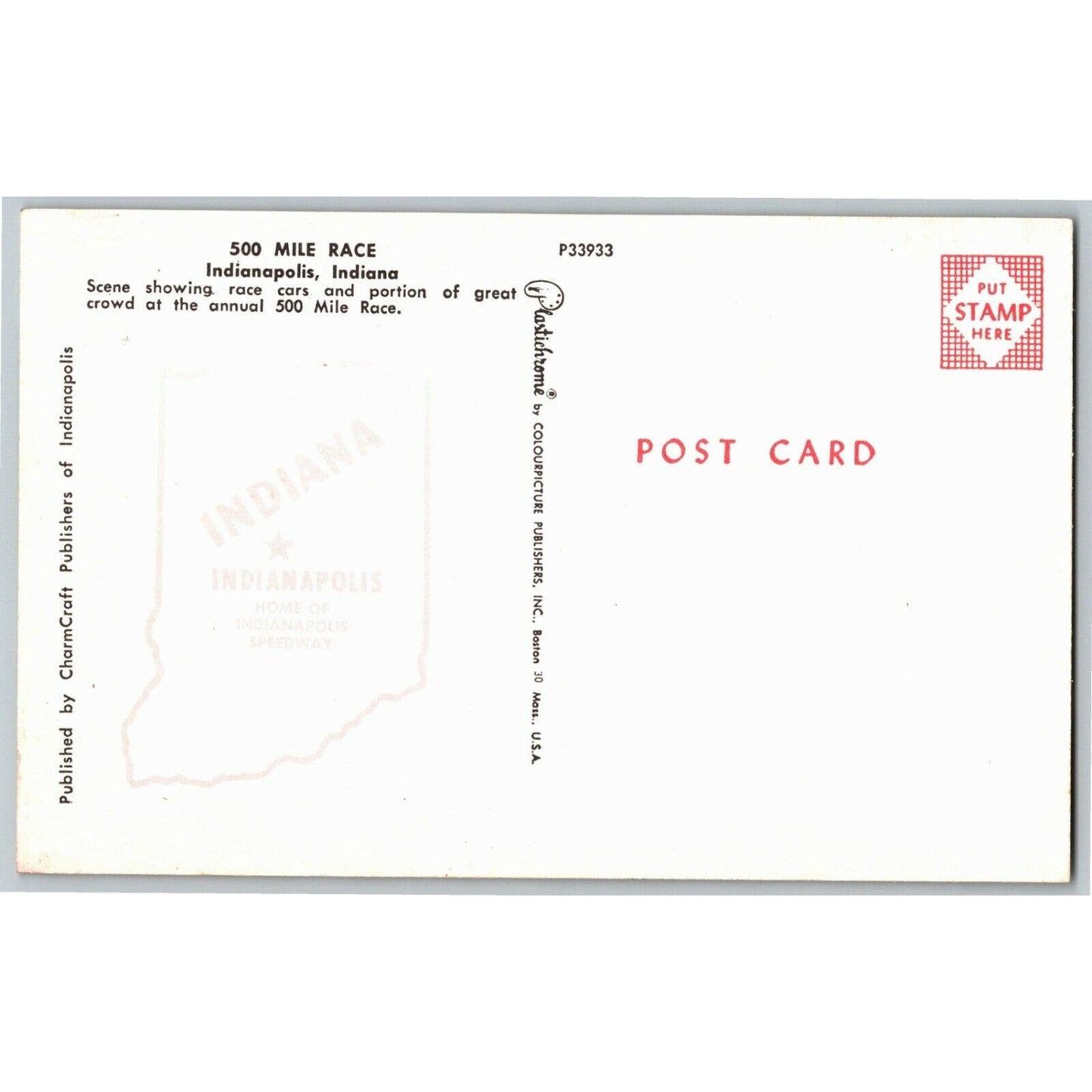 Indy 500 Postcard 1959 "500 Mile Race - Scene Showing Race Cars" - Unposted VGC