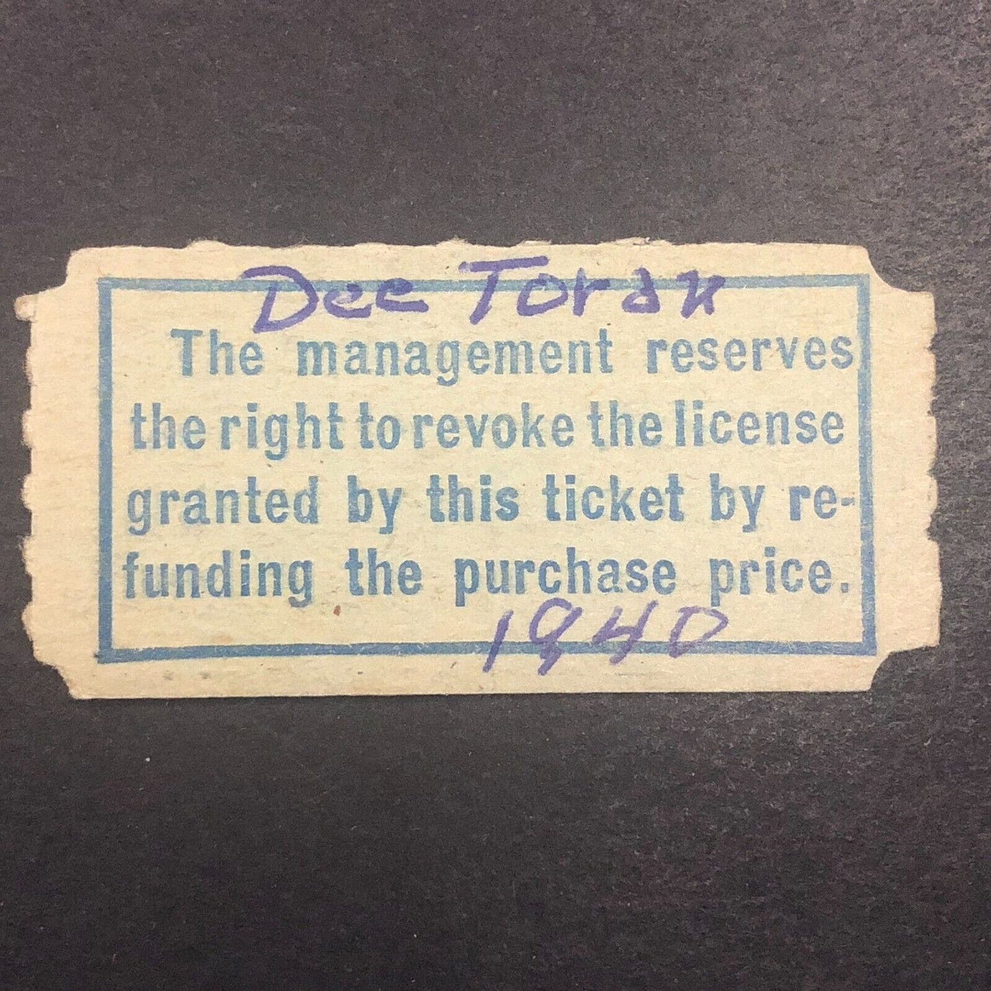 Midget Auto Racing Rain Check Ticket 1940 Dee Toran Unknown Track