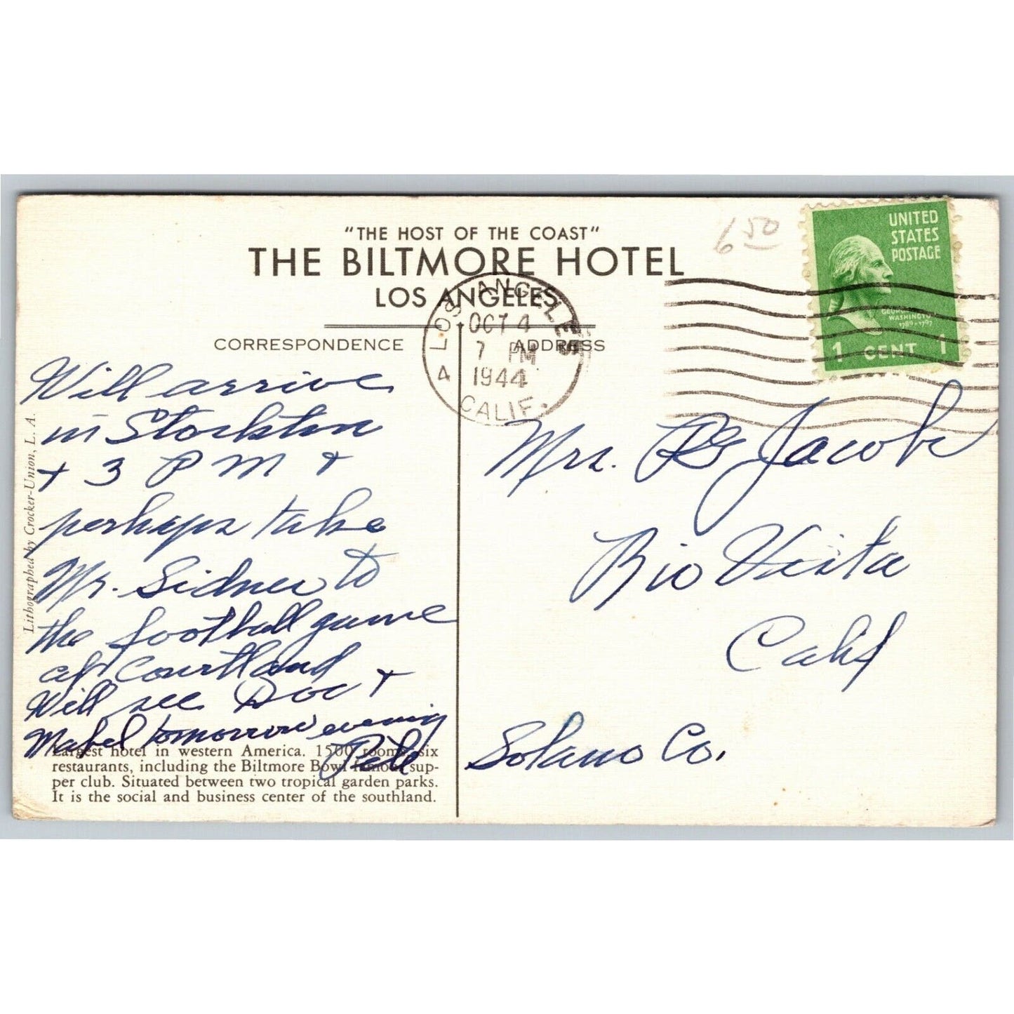 The Biltmore Hotel Linen Postcard PM 1944 VGC