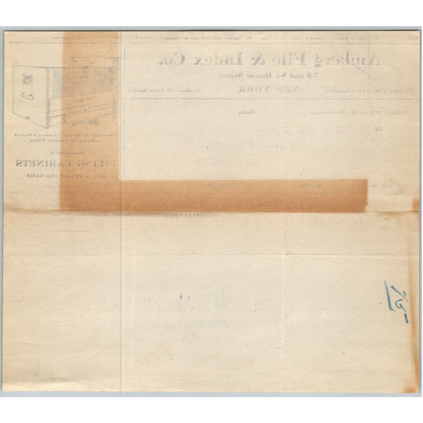 1915 "Amberg File & Index" Filing Cabinets Billhead Letterhead Duane St. NYC