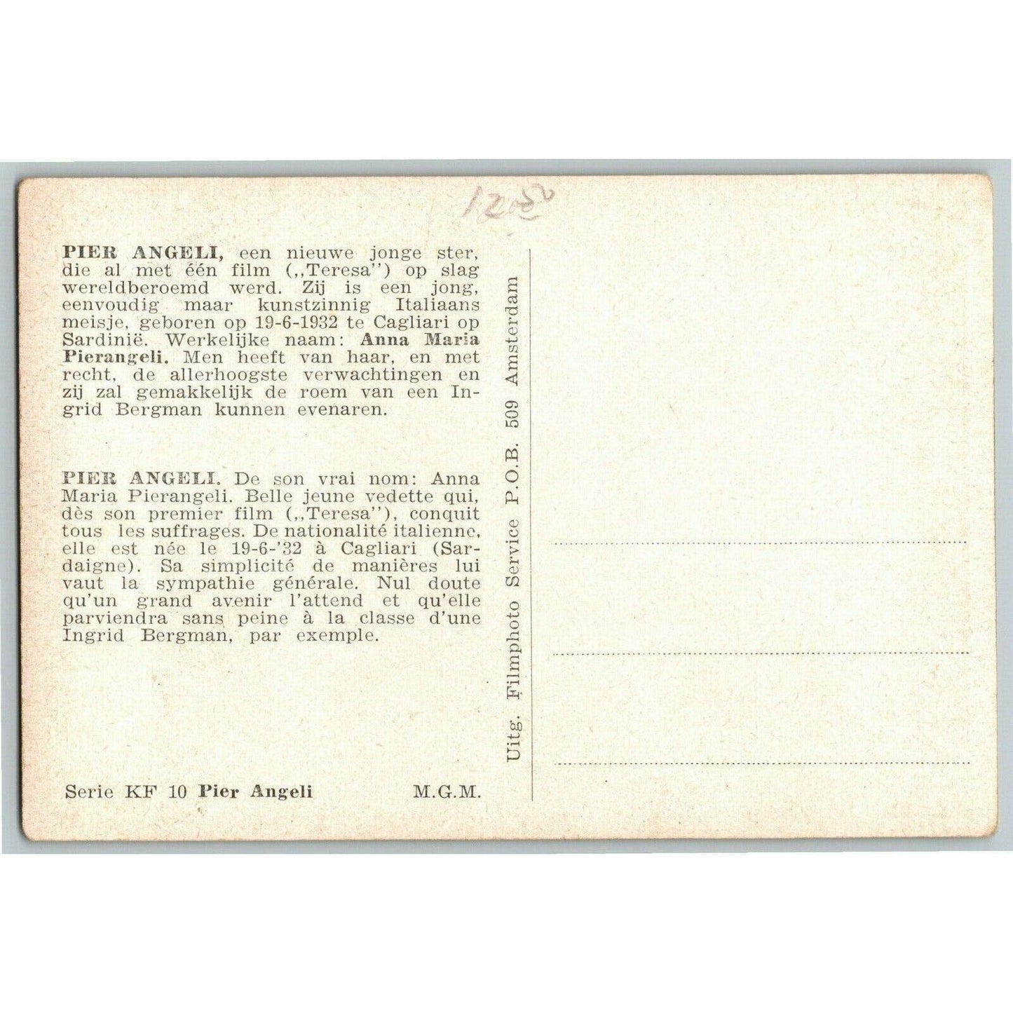 Pier Angeli Vintage Postcard Ken Prag Collection - VGC - Unposted