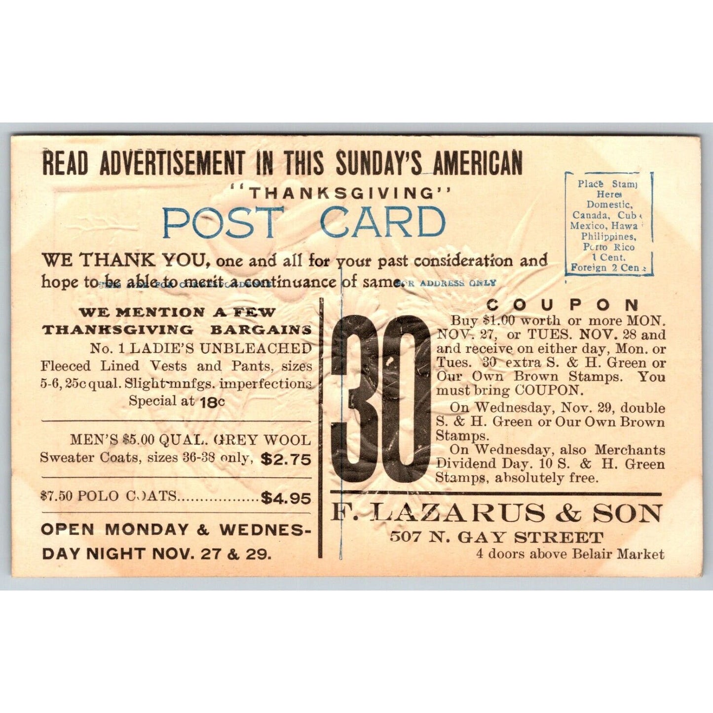 Lazarus & Son Baltimore Ladies Clothing Thanksgiving Adv. Postcard PM c1910's