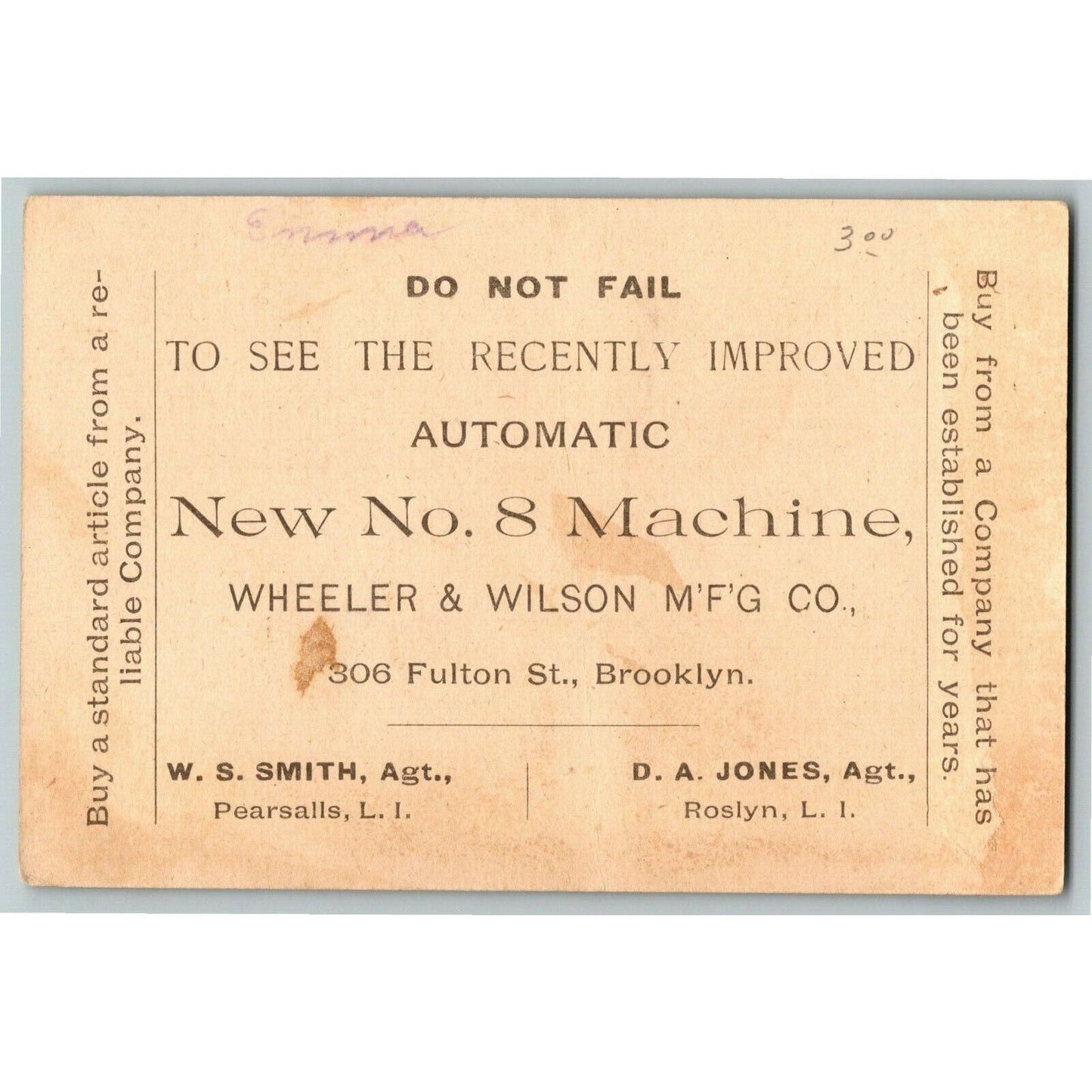 Victorian Trade Card Wheeler & Wilson's No. 8 Sewing Machine Brooklyn, NY