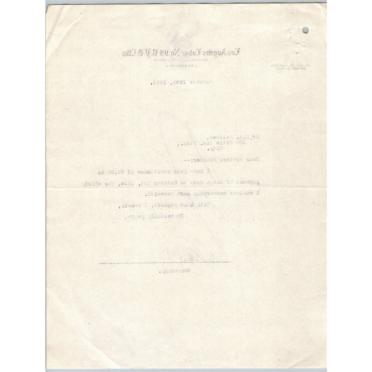 Los Angeles Lodge No. 99 B.P.O Elks 1914 Letterhead re: $9 Lodge Dues Payment