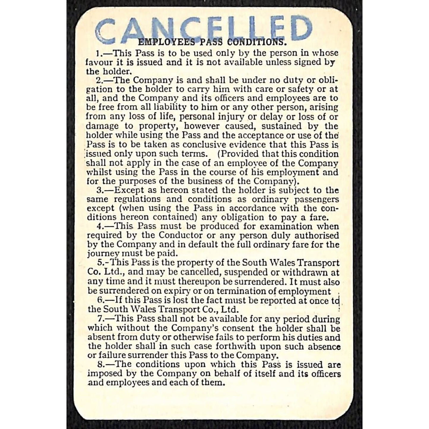 1960 South Wales Transport / Mumbles Railway Unused Employee's Pass VGC