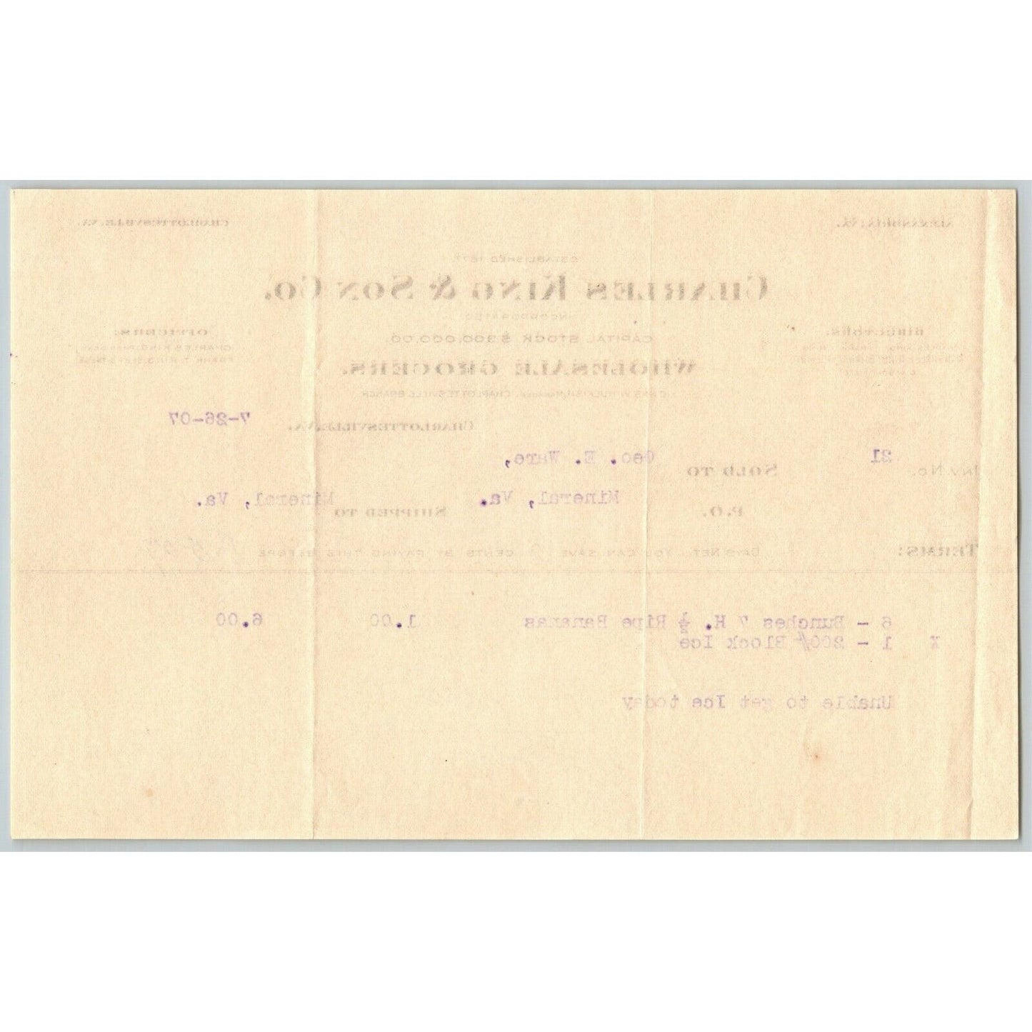 1907 Scarce Chas. King & Son Grocer Letterhead Charlottesville, VA Chas. Hulfish