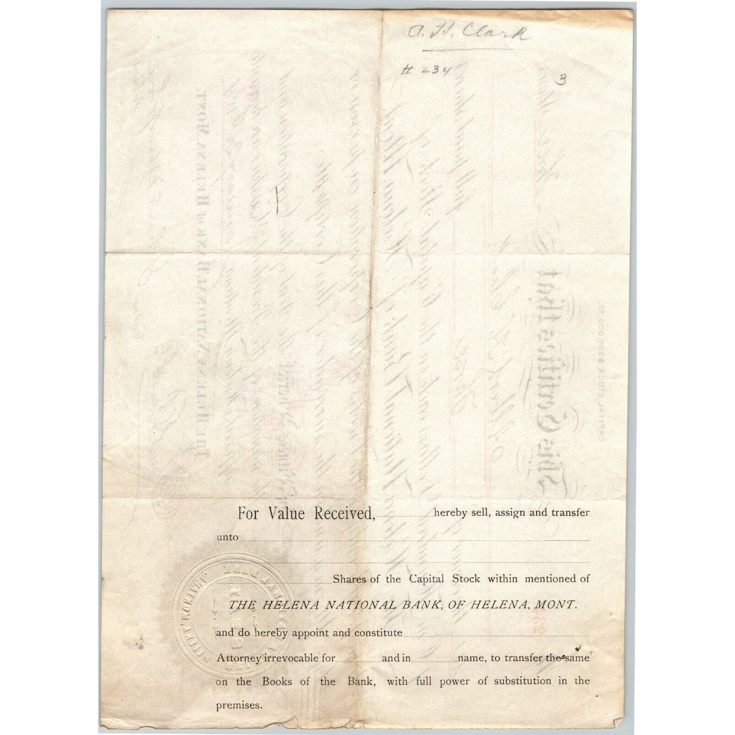 Helena National Bank, Montana 1891 Stock Certificate Cert# 234 for 3 Shares