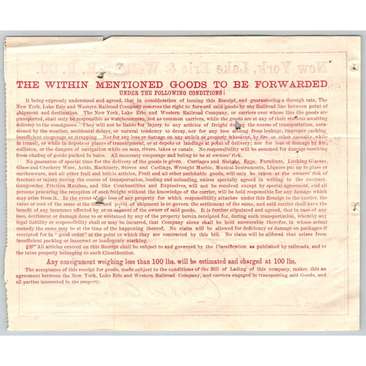 New York, Lake Erie & Western R.R. 1878 Railroad Freight Billhead Dunham Buckley