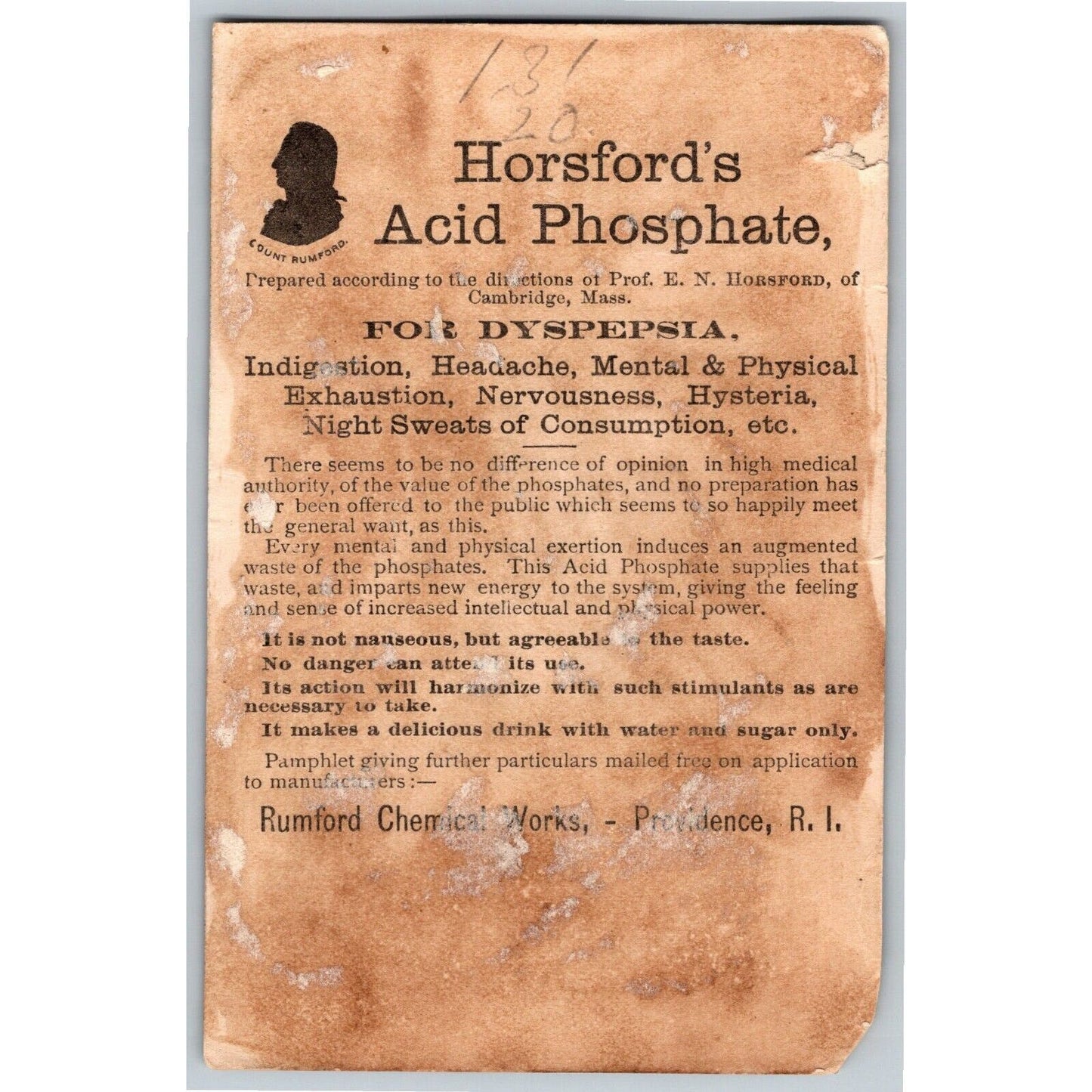 For Mental & Physical Exhaustion Horsford's Acid Phosphate Victorian Trade Card
