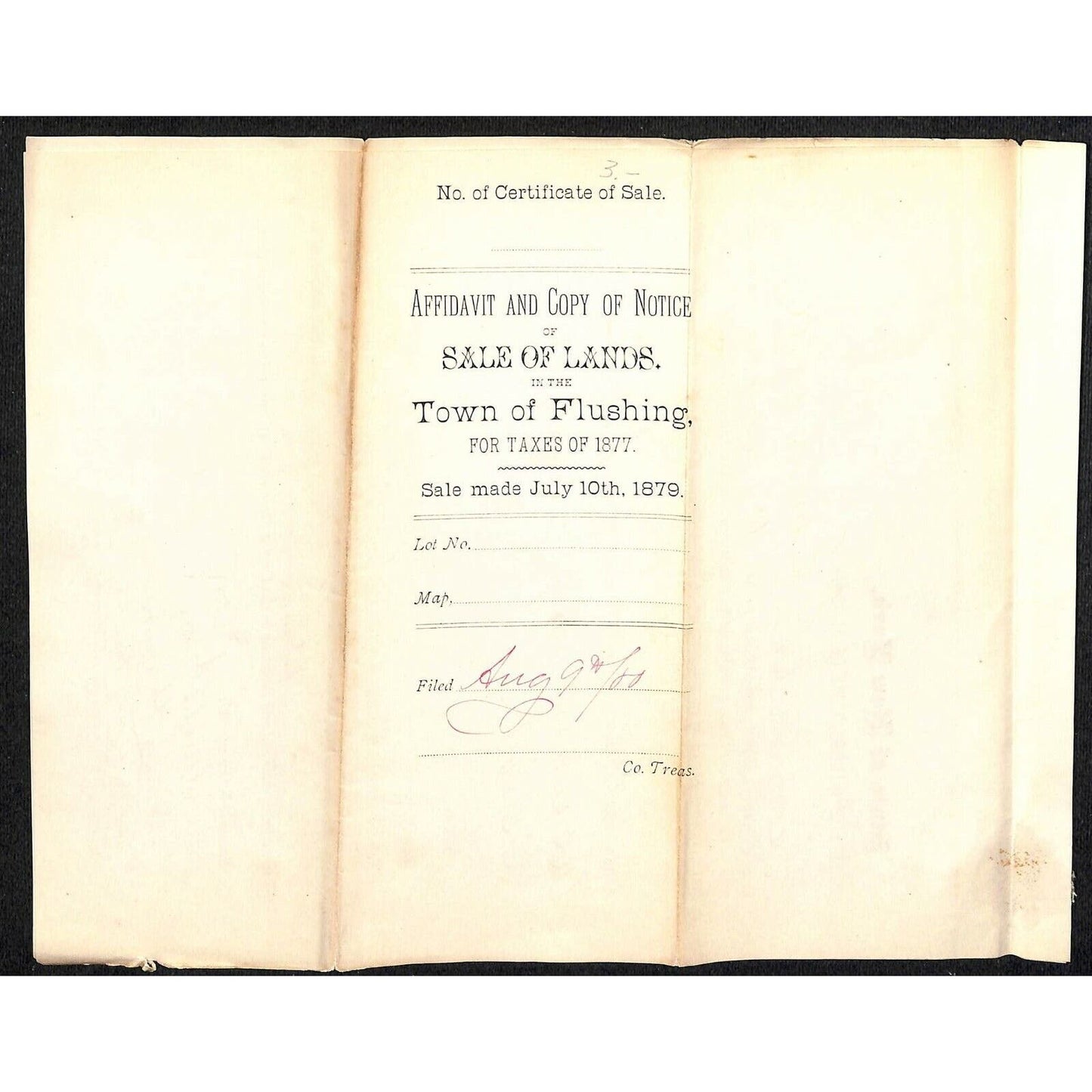 1877 Flushing Queens Unpaid Tax Real Estate Sale 2pp Legal Document - Letterhead