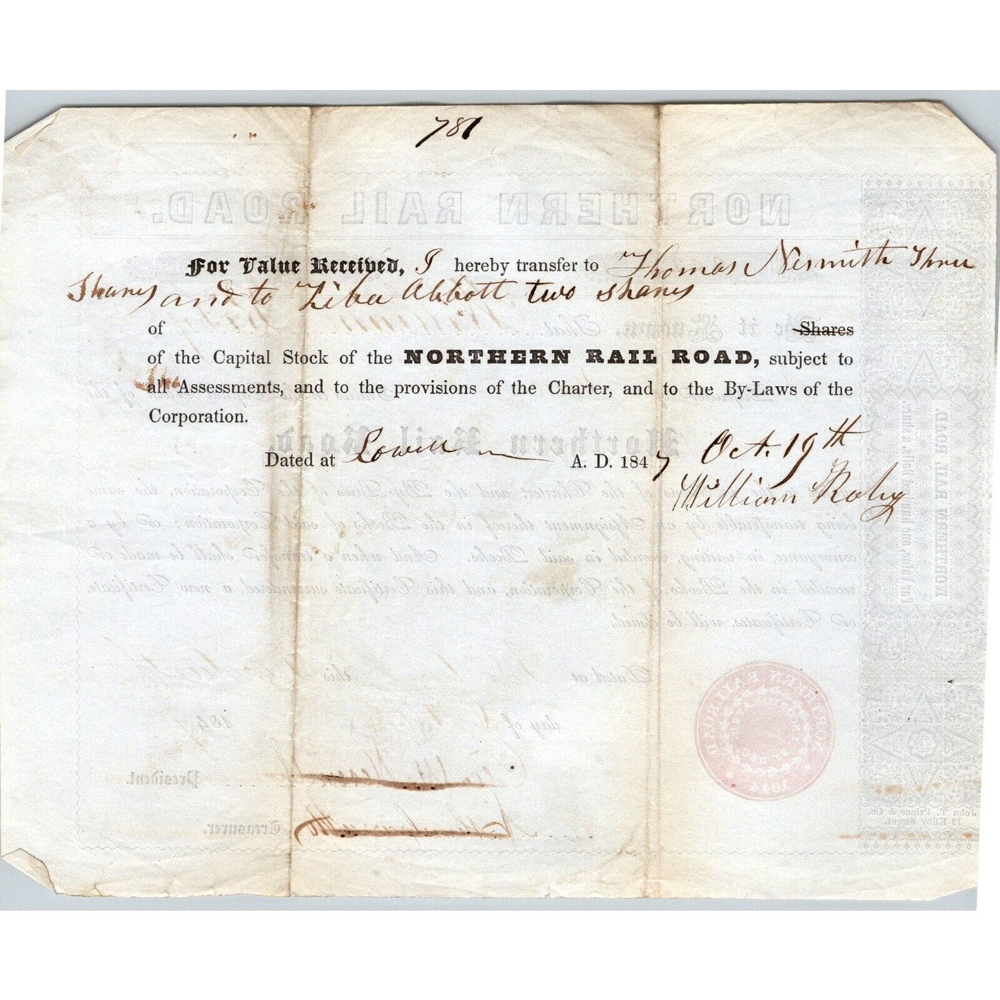 1847 Boston, MA Northern Railroad Stock Certificate No.2023 for 5 Shares